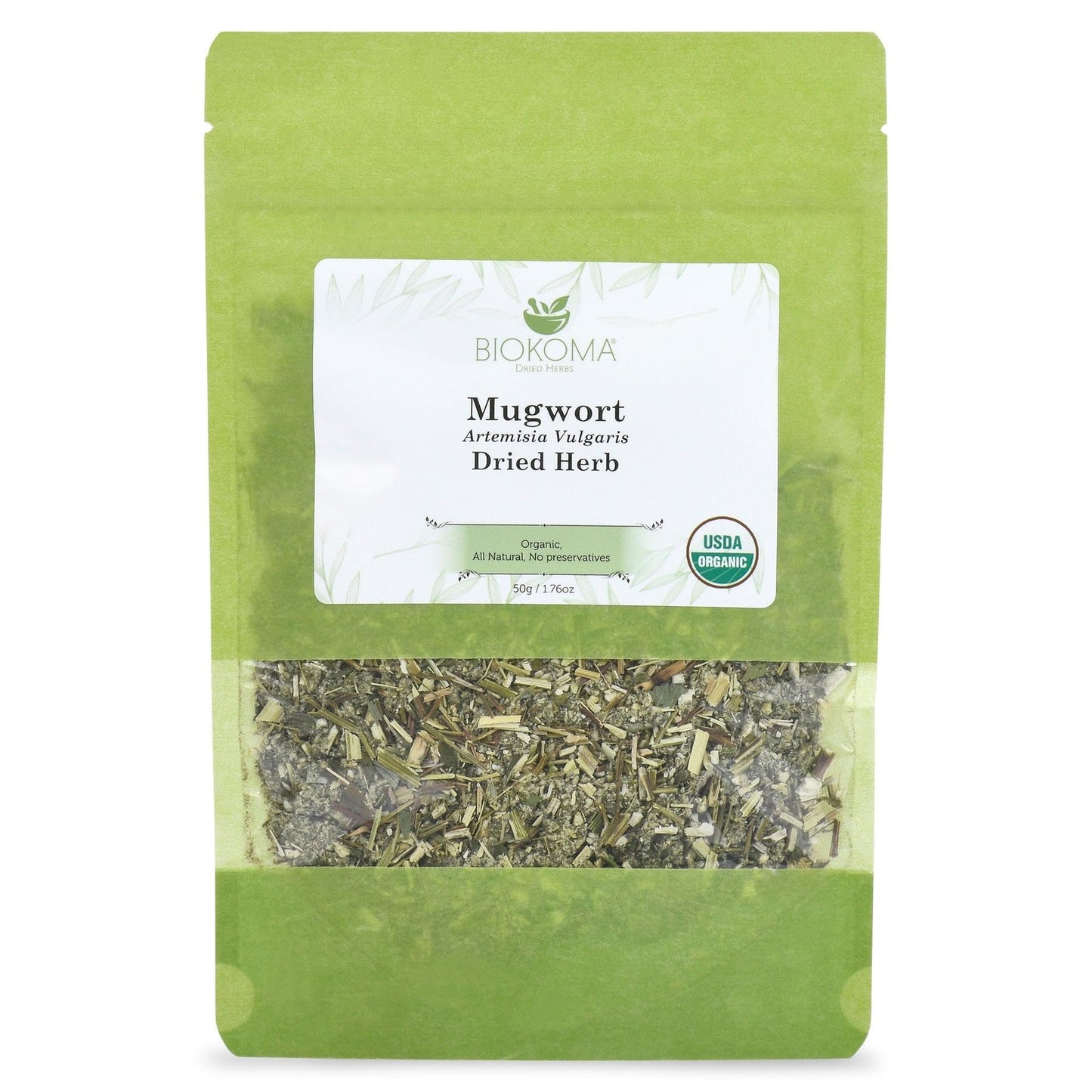 Biokoma Organic Mugwort Dried Herb 50g 1.76oz Artemisia vulgaris USDA Organic Herbal Tea Premium Cut Aromatic Leaves Lucid Dreaming Bath Resealable