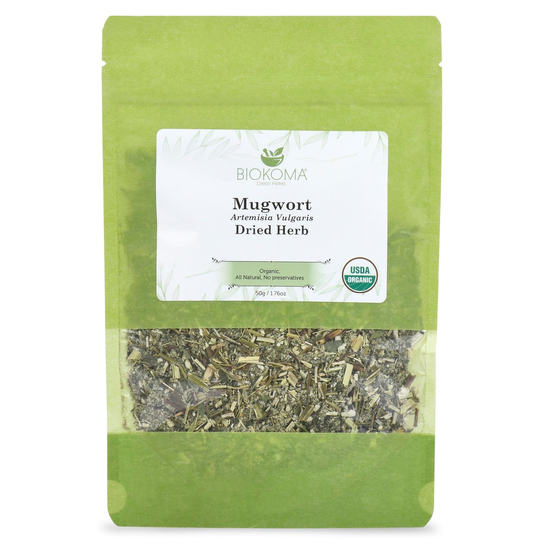 Biokoma Organic Mugwort Dried Herb 50g 1.76oz Artemisia vulgaris USDA Organic Herbal Tea Premium Cut Aromatic Leaves Lucid Dreaming Bath Resealable