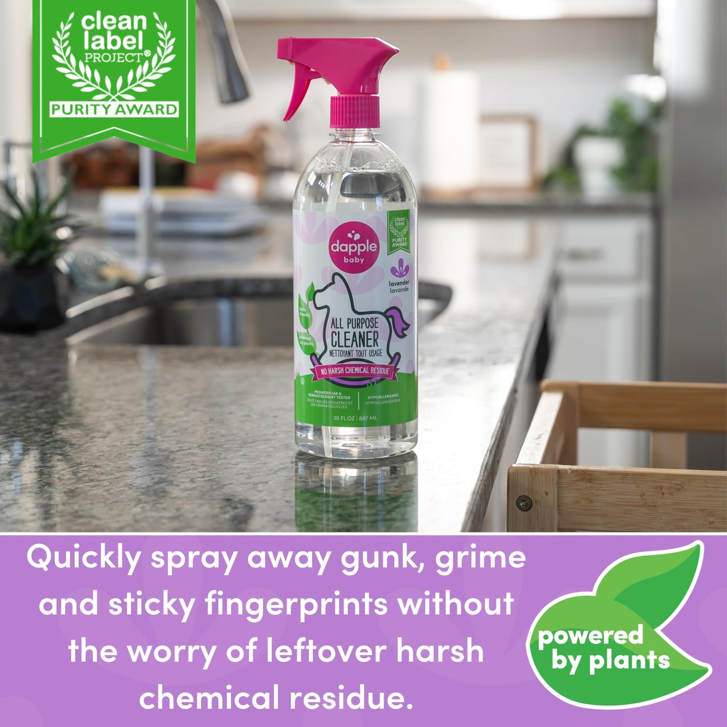 Dapple Baby All Purpose Cleaning Spray, Hypoallergenic for Toys, High Chairs, Swings, Counters, Powered by Plants, 1 Pump Included, Lavender, 30 Fl Oz