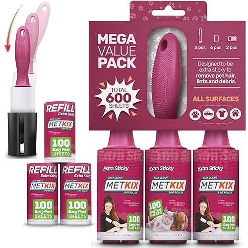 Metkix Lint Rollers for Pet Hair Extra Sticky | Protective Covers | Mega 600 Sheets Dog Cat Pet Hair Remover | Lint Roller for Clothes Sofa Bed Carpet