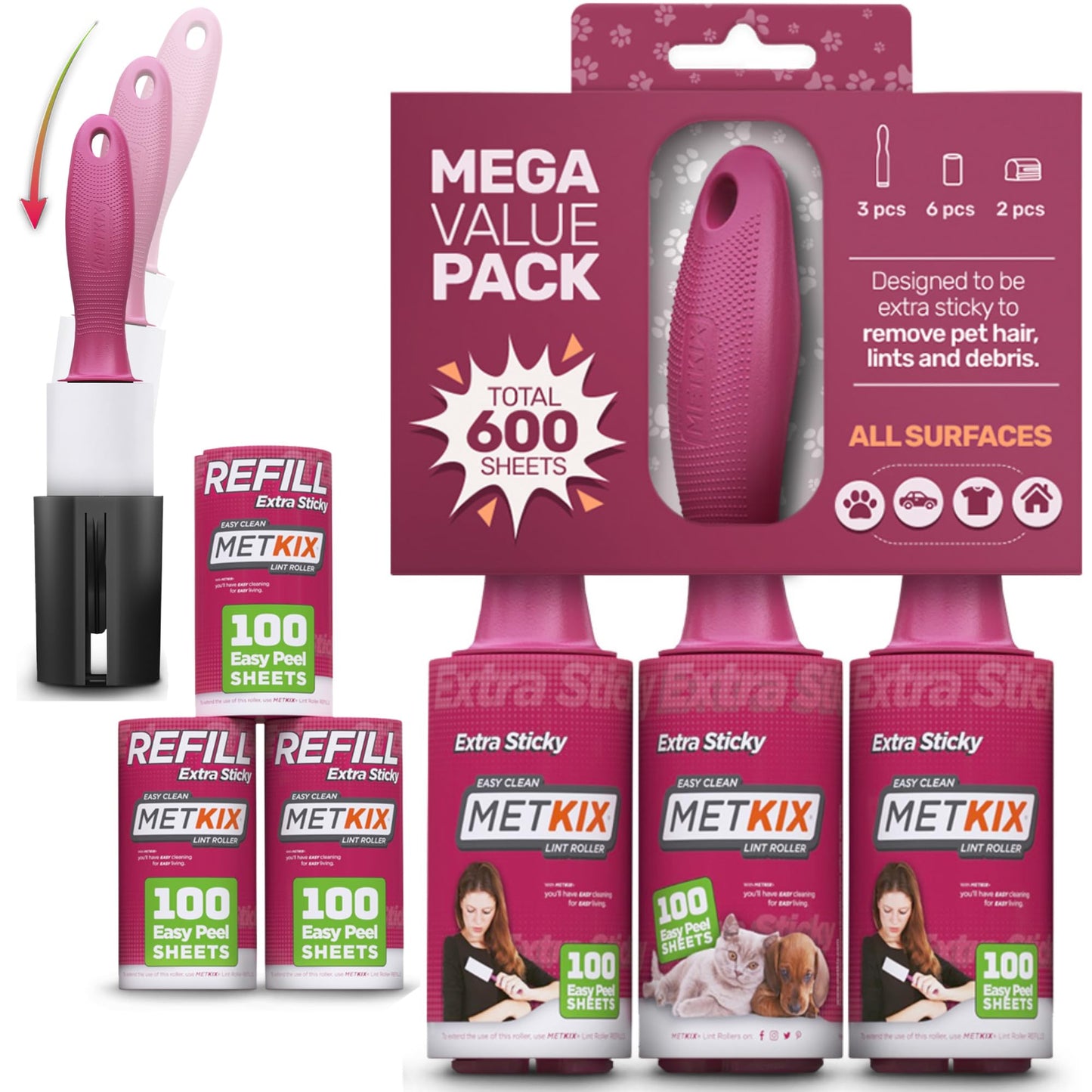 Metkix Lint Rollers for Pet Hair Extra Sticky | Protective Covers | Mega 600 Sheets Dog Cat Pet Hair Remover | Lint Roller for Clothes Sofa Bed Carpet