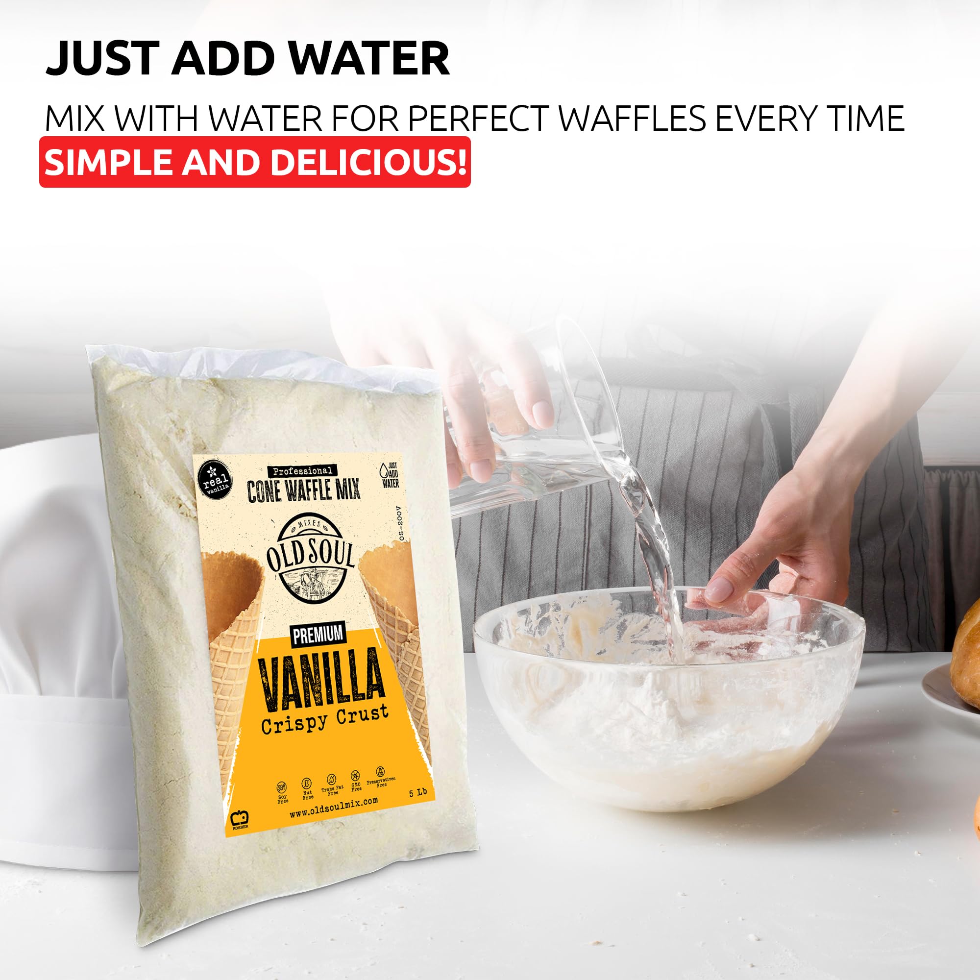 OLDSOUL Professional Cone Waffle Mix | Vanilla Flavour | Batter Mix | 5 Lbs | 112 Waffles (5 Lbs, Traditional)