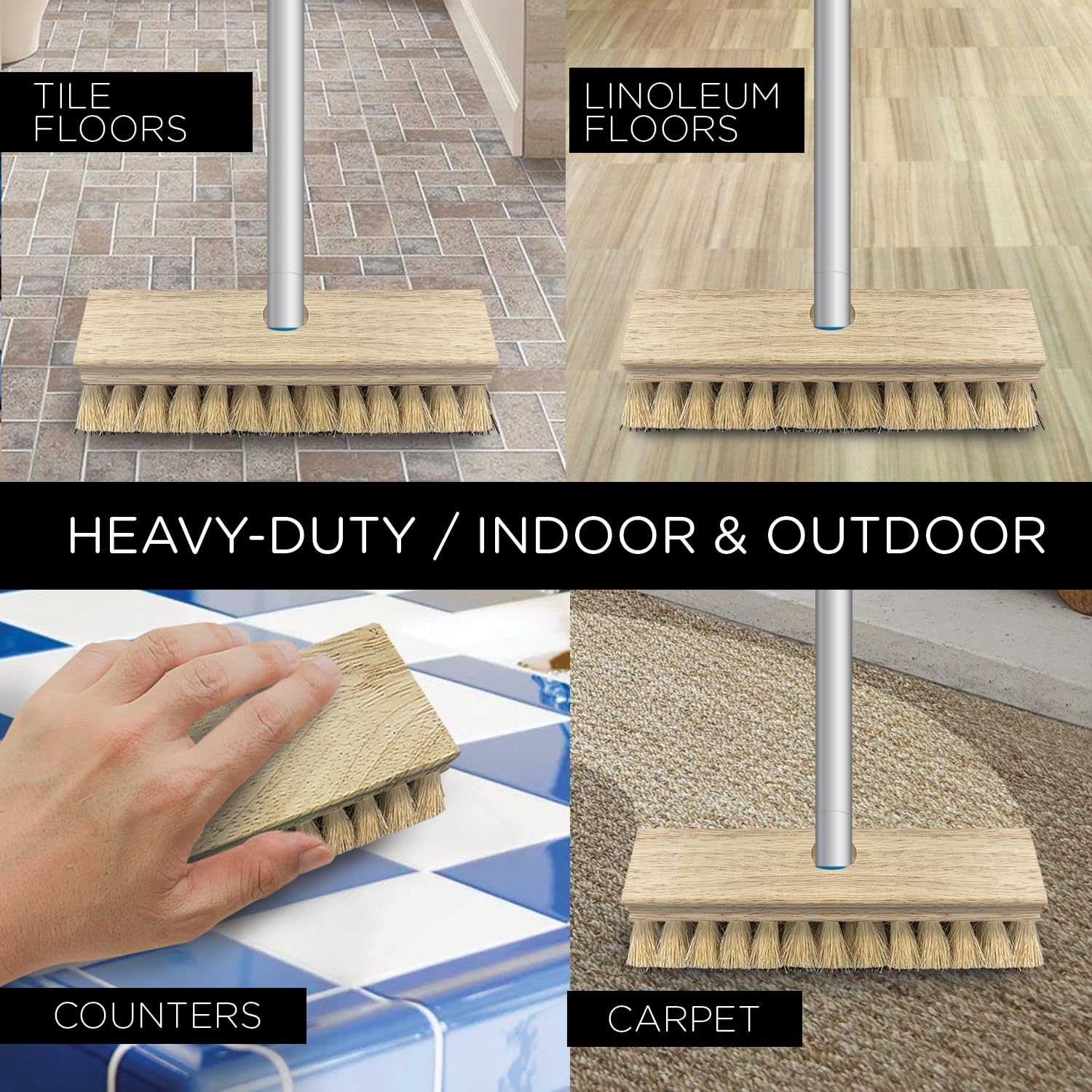 LOLA Deck Scrub Brush, 9" x 3.5" Head w/Tampico Bristles for Outdoor Cleaning, Removes Dirt & Grime from Patios, Decks, Grout, 1 Count