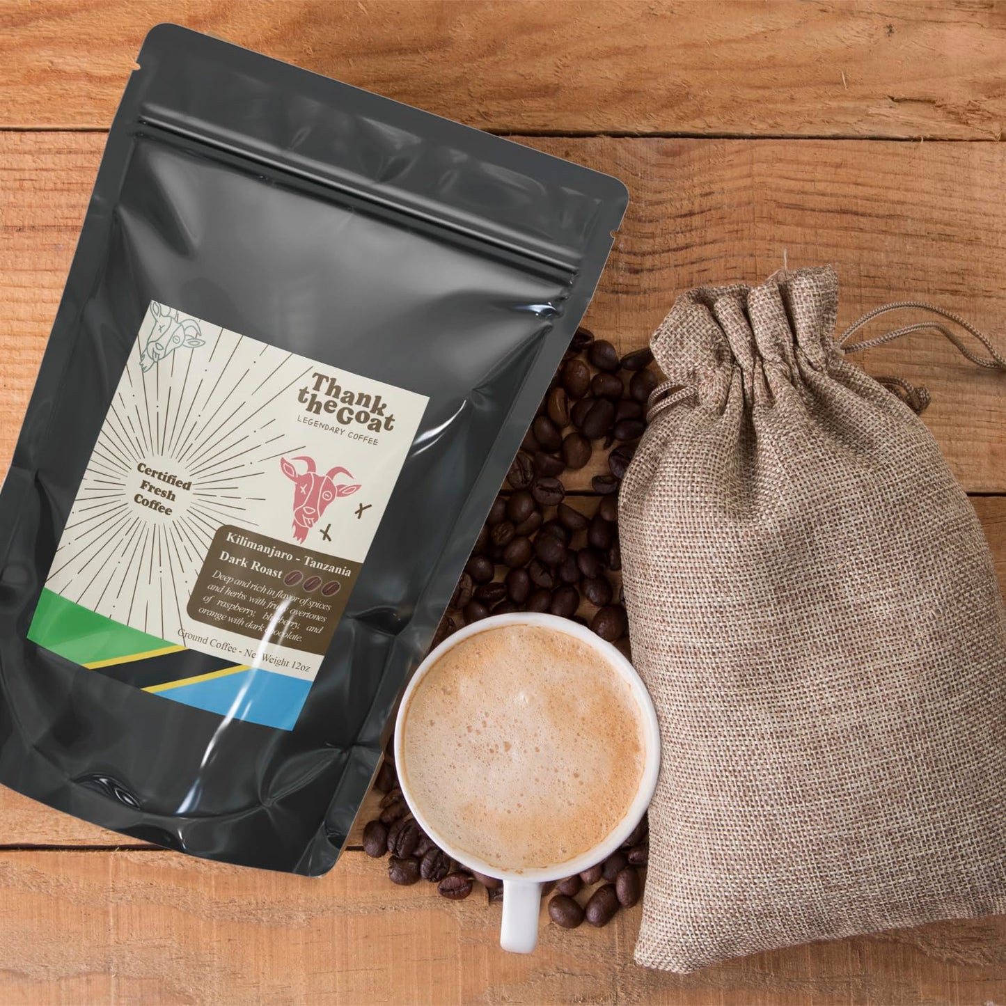Thank the Goat Made to Order Gourmet Ground Coffee, Freshly Roasted, Dark Roast From Kilimanjaro, Tanzania, 12 oz.