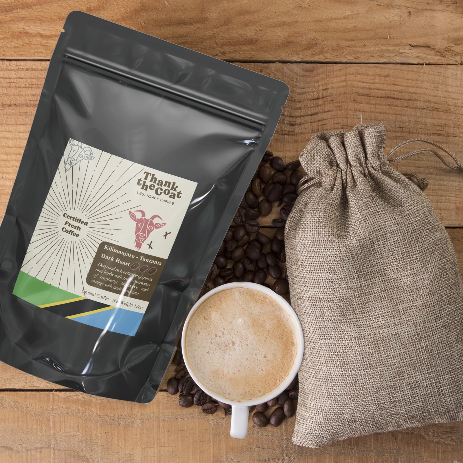 Thank the Goat Made to Order Gourmet Ground Coffee, Freshly Roasted, Dark Roast From Kilimanjaro, Tanzania, 12 oz.