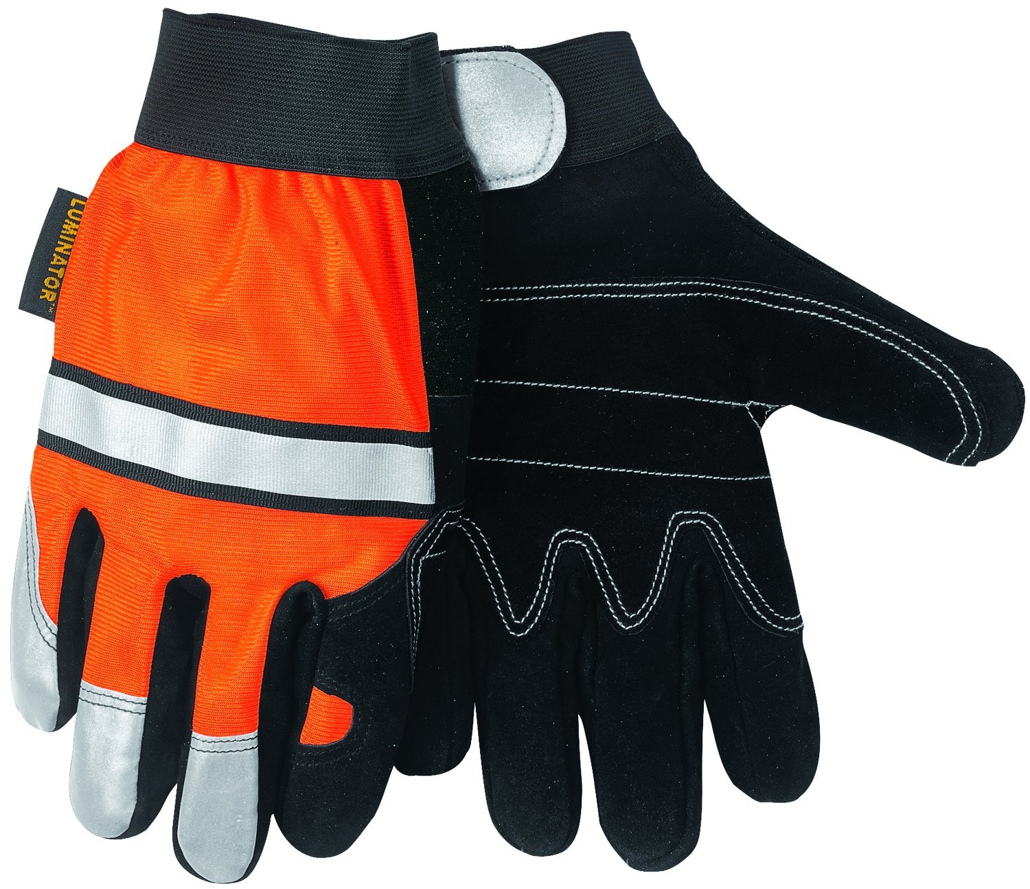 MCR Safety 911DPM Luminator Split Cow Double Leather Palm High Visibility Multi-Task Gloves with 3M Reflective Tape, Orange/Black, Medium, 1-Pair