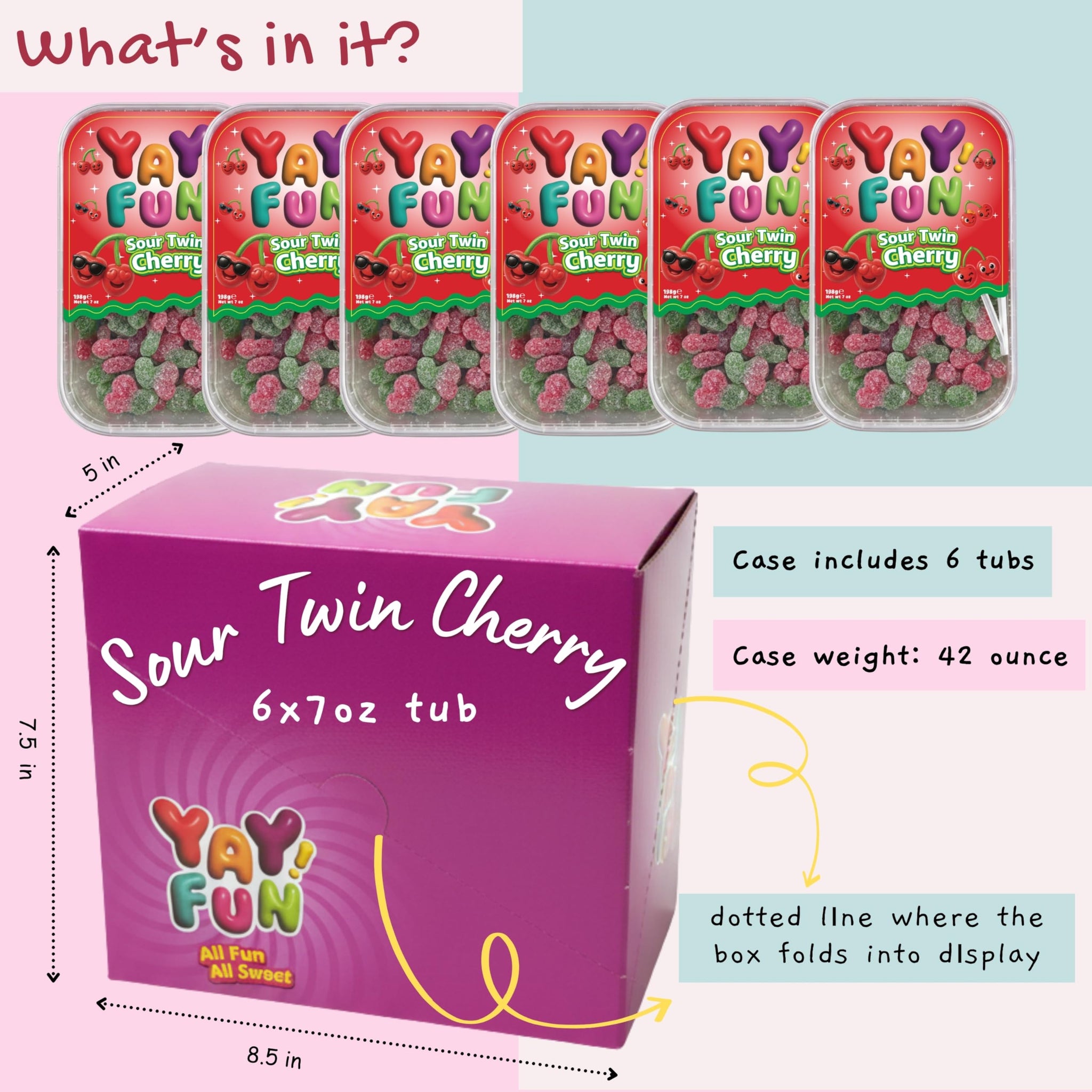 Halal Sour Twin Cherry Gummy Candy | 6 Pack Bundle (6x7 oz Tubs) | Chewy Sugar-Coated Cherry Gummies | Resealable Tubs in Bulk with Display Box |