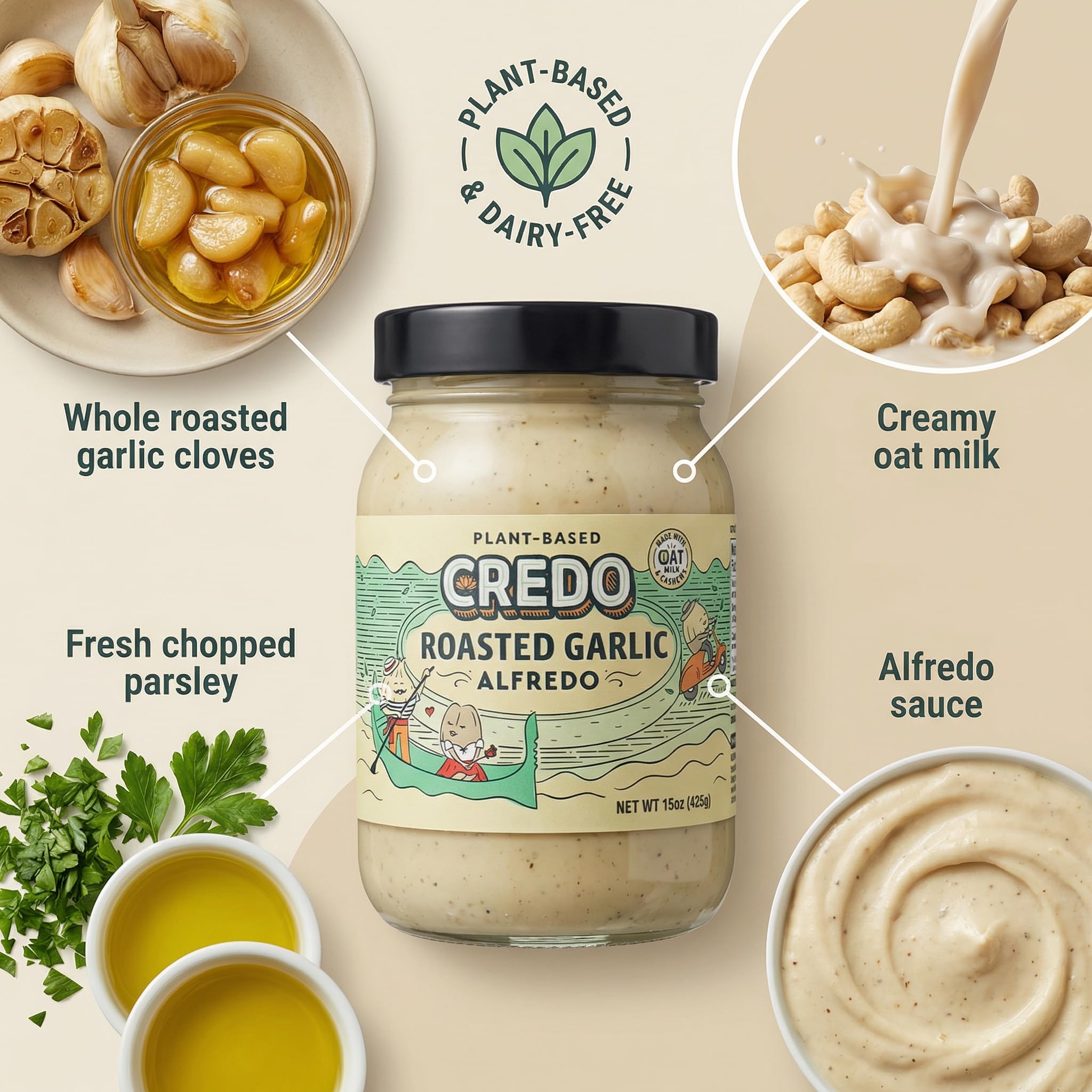 Credo Foods Sauce Roasted Garlic Alfredo 15 oz - Pasta Sauce for Fettuccine and Pantry Staples - Creamy Garlic for Cheese Dip and Nacho Style Dishes