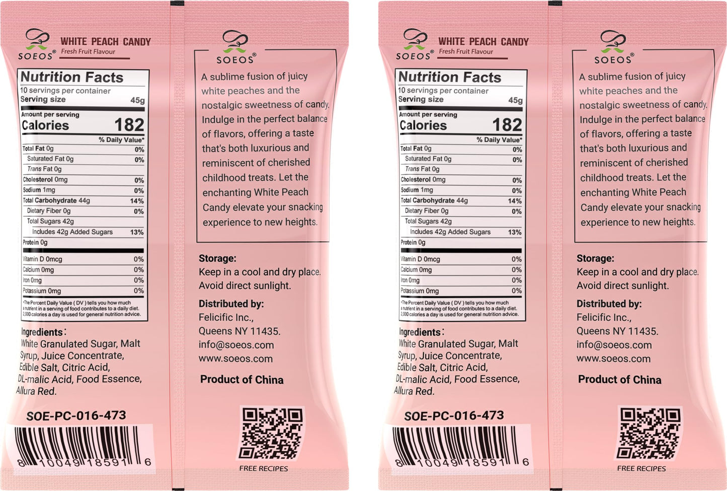 Soeos White Peach Candy, 16oz (1lb), Pack of 2, Juicy Peach Flavor, Individually Wrapped Hard Candies, Sweet & Refreshing Fruit Treats for Sharing