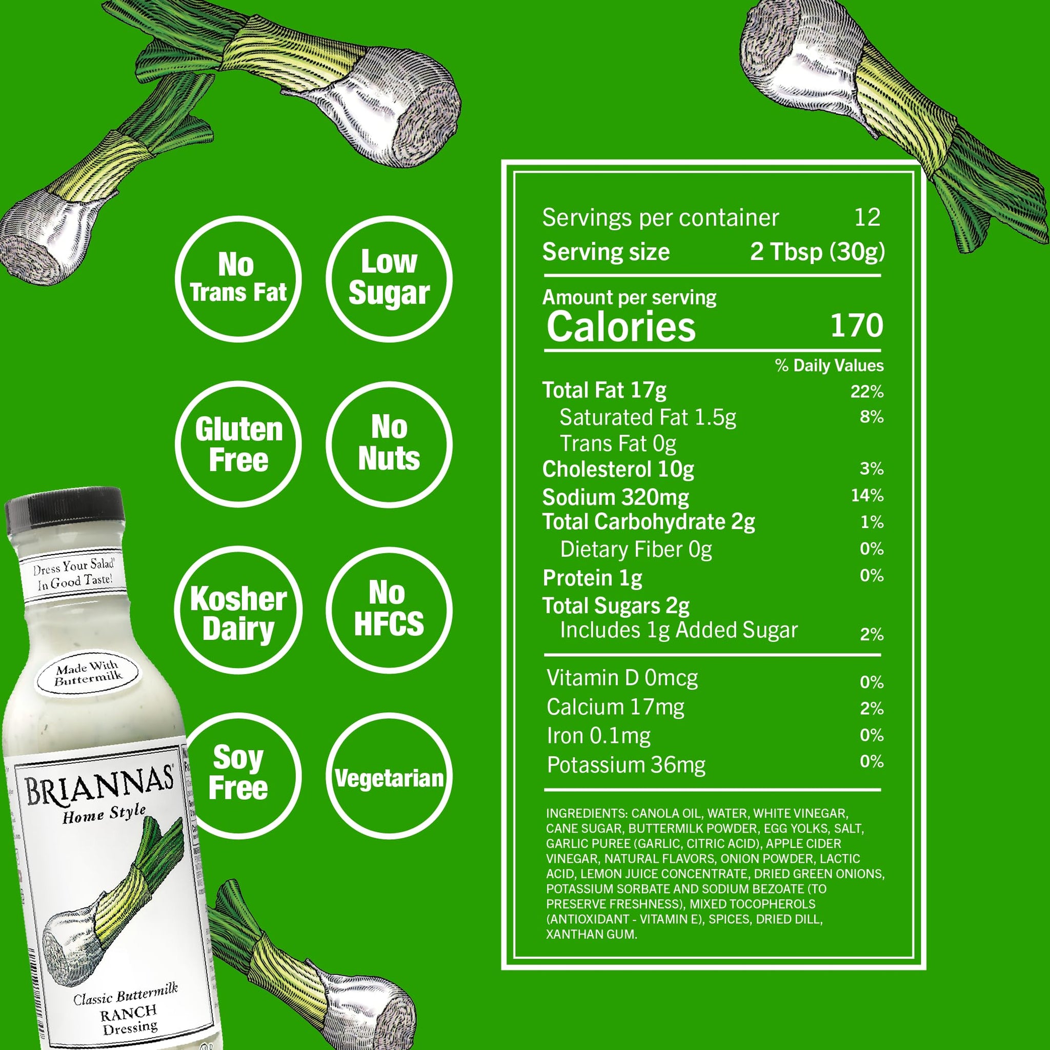 BRIANNAS - Home Style Classic Buttermilk Ranch Dressing - Fine Salad Dressing made with Premium Ingredients - Gluten Free, Kosher, & Low Sugar