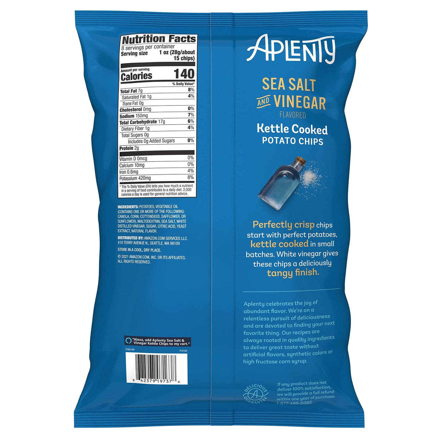 Amazon Brand, Aplenty Kettle Cooked Potato Chips, Sea Salt And Vinegar, 8 Oz
