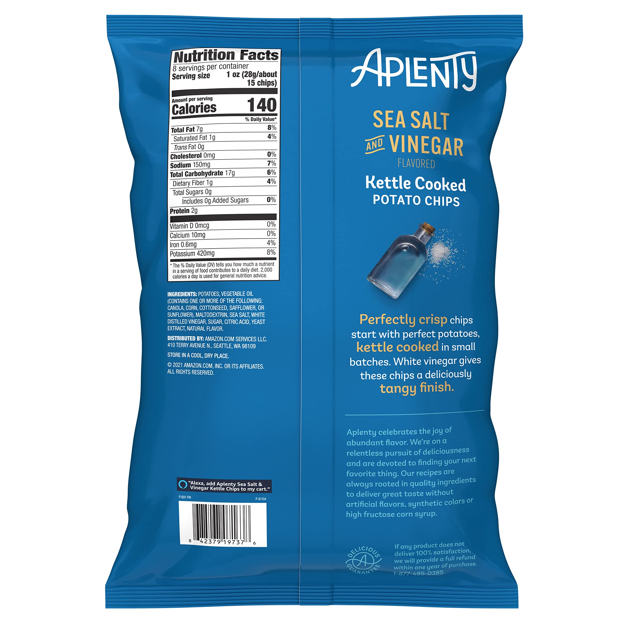 Amazon Brand, Aplenty Kettle Cooked Potato Chips, Sea Salt And Vinegar, 8 Oz