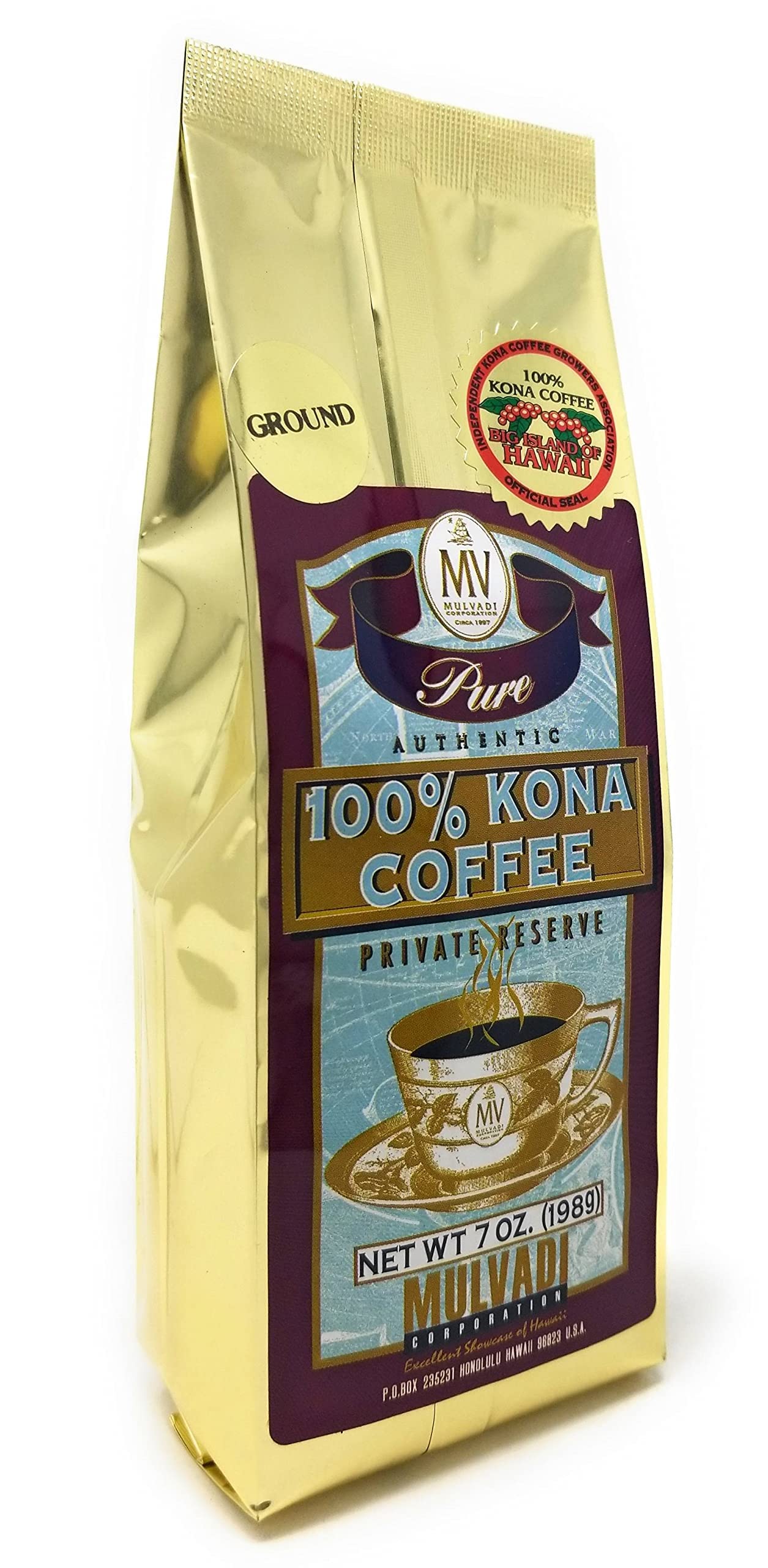 Mulvadi 100% Kona Coffee Private Reserve, Ground, 7 oz Resealable Bag - Premium Hawaiian Coffee