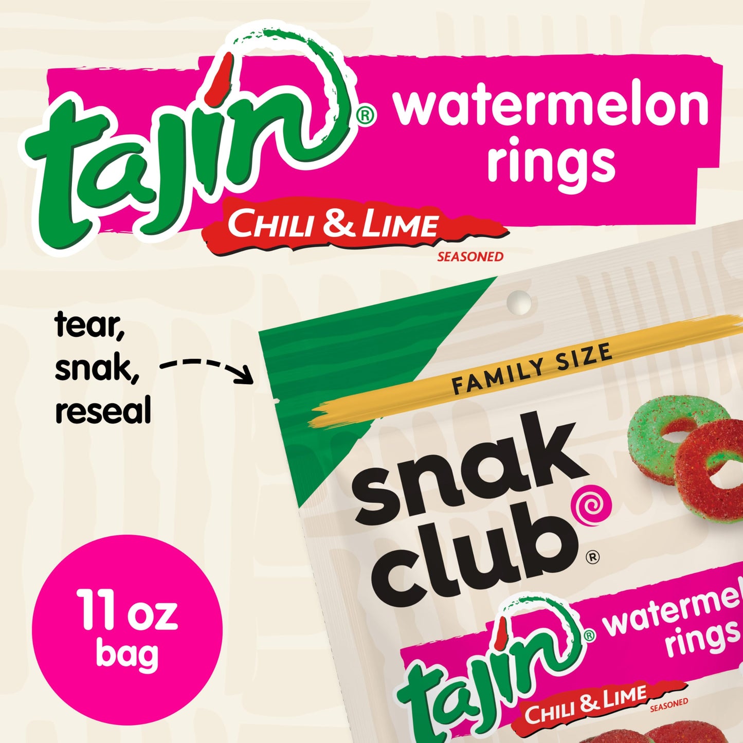 Snak Club Watermelon Rings, Tajin Chili & Lime Seasoned, Sweet and Spicy Gummy Candy, Mild in Heat Bold in Flavor, Low-Fat, Vegan, Gluten-Free Snack