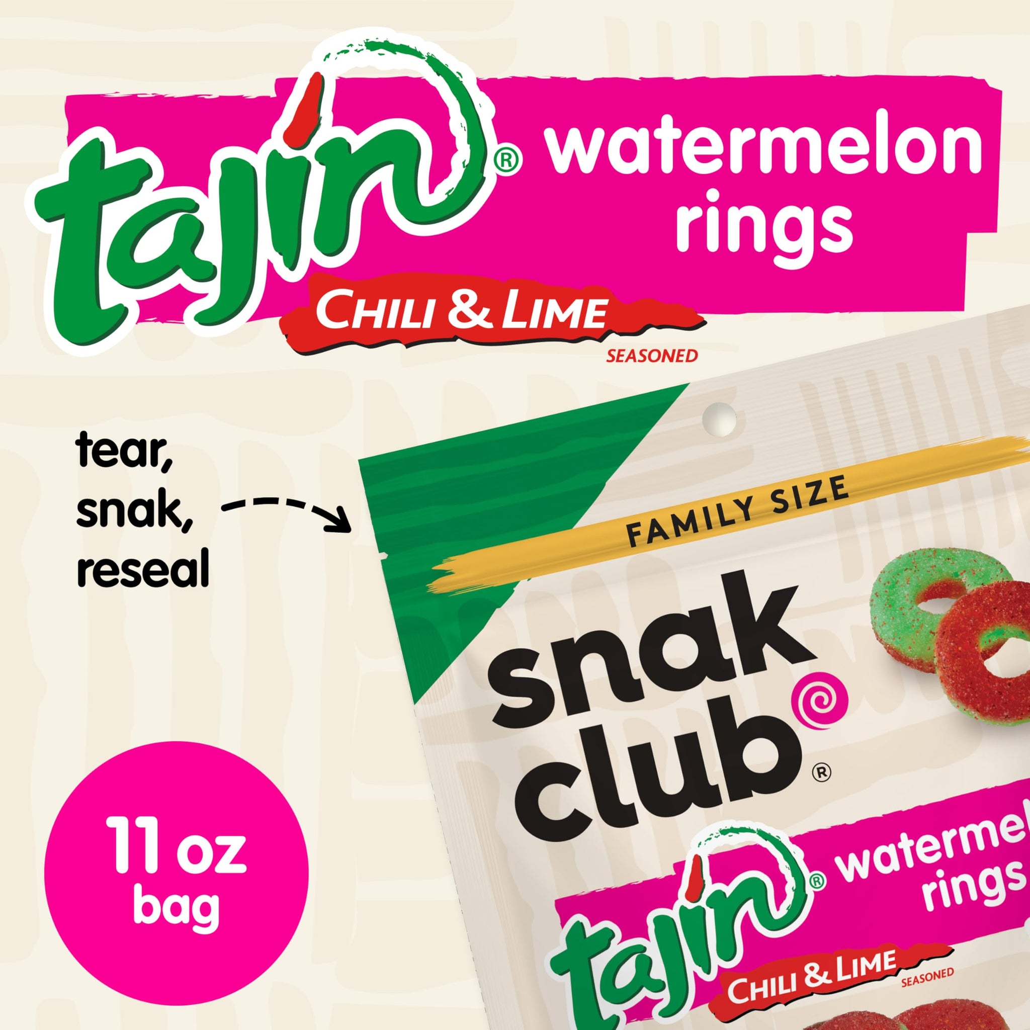 Snak Club Watermelon Rings, Tajin Chili & Lime Seasoned, Sweet and Spicy Gummy Candy, Mild in Heat Bold in Flavor, Low-Fat, Vegan, Gluten-Free Snack