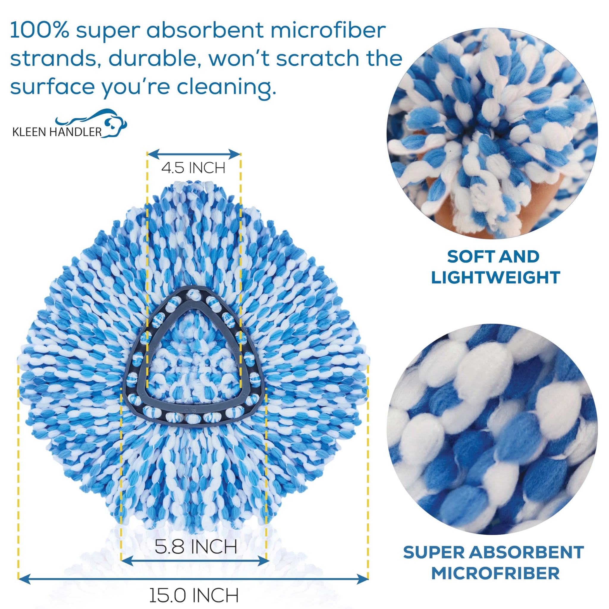 KLEEN HANDLER Microfiber Spin Mop Replacement Head Refills Compatible with O-Cedar EasyWring 1 Tank System, Blue, L (3-Pack)
