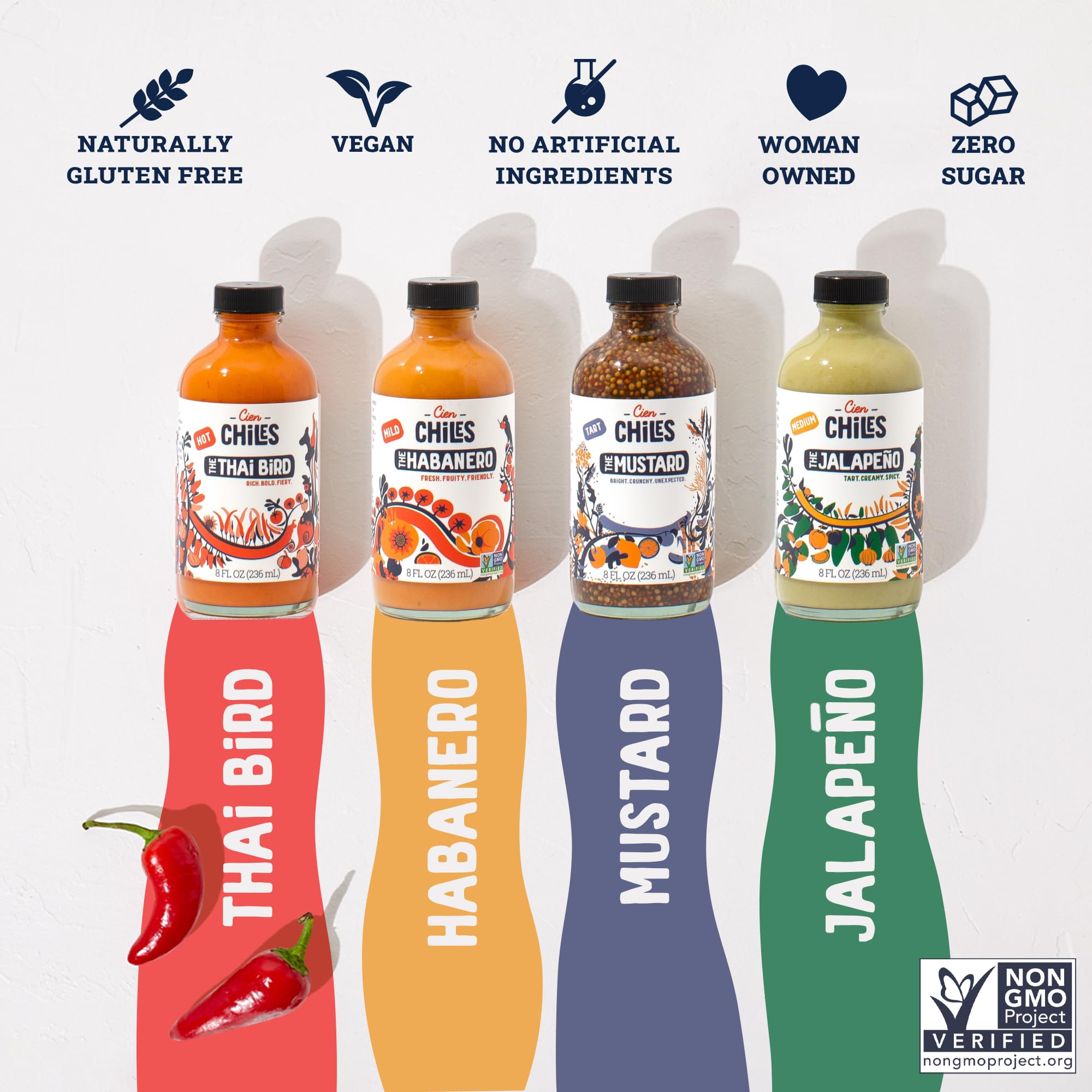 Cien Chiles Whole Family Pack | Habanero, Jalapeño, Thai Bird, Mustard | All Natural Sauces | Non-GMO, Gluten-Free, Vegan | 8 OZ Bottles