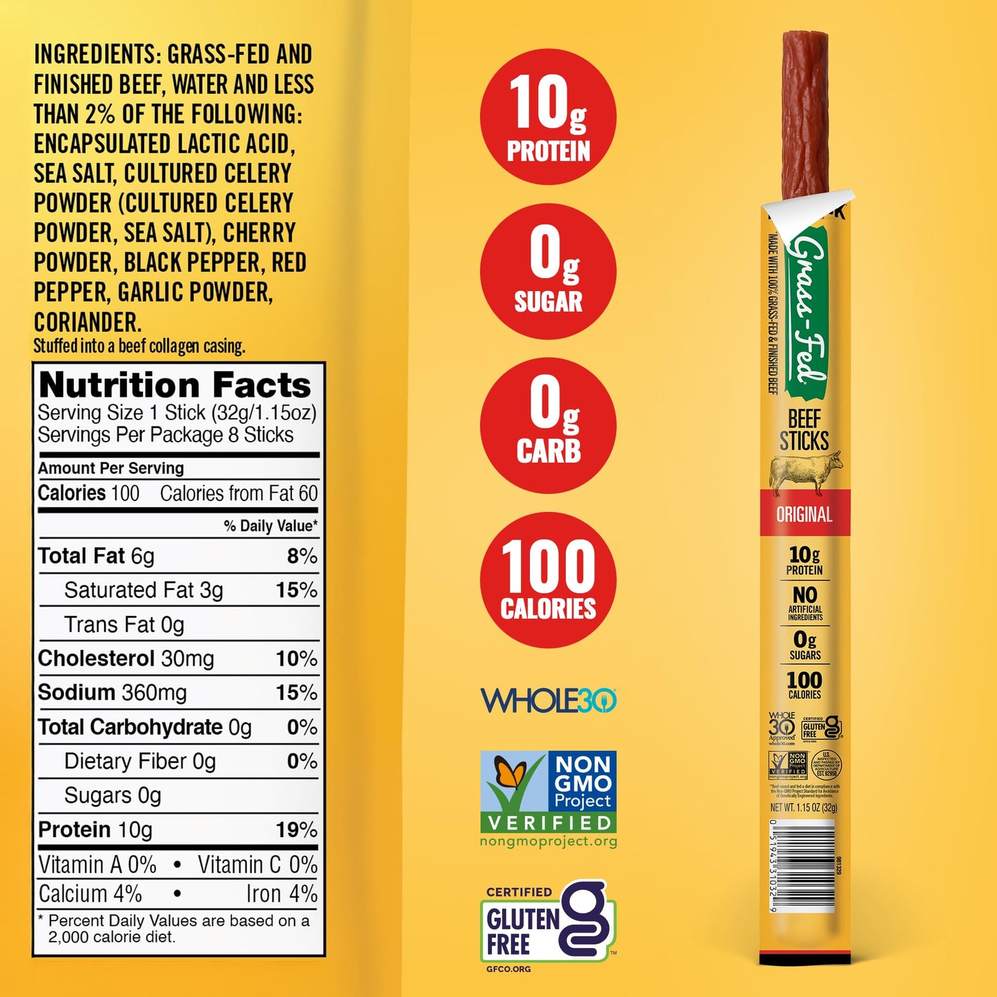 Tillamook Country Smoker 100% Grass Fed Beef Sticks, Zero Sugar, Original, 1.15 Ounce, 8 Pack, Non-GMO Clean Meat Snacks, 10g High Protein Per Stick