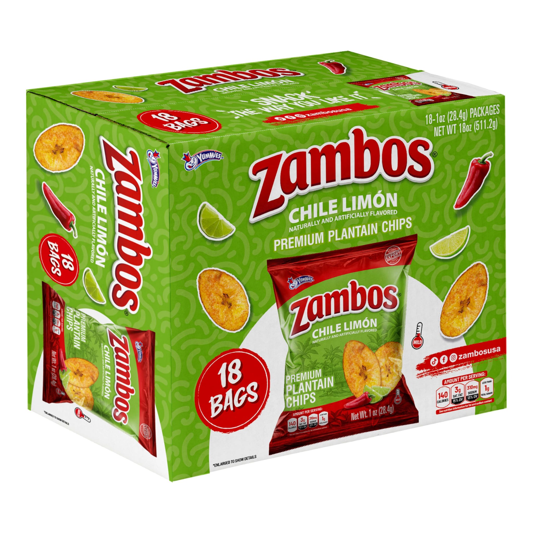 Zambos Chile Limón Plantain Chips, 1 oz - Crunchy Snack, Gluten Free - Bold Chili Lime Flavor (Pack of 18)