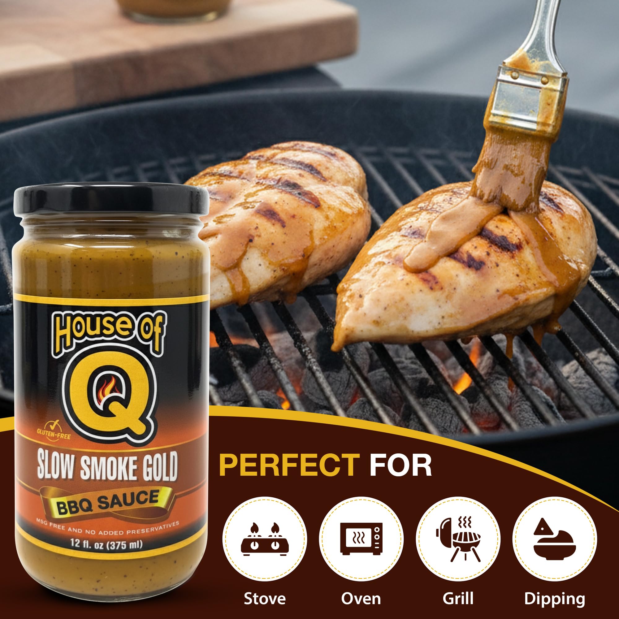 House of Q Slow Smoke Gold BBQ Sauce - Award-Winning Mustard-Based Barbecue Sauce with Tangy, Zesty, Bright and Mustard Flavor - Gluten Free, MSG
