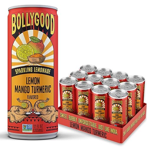 Bollygood Sparkling Lemonade, Lemon Mango Turmeric, Indian Inspired Beverage Nimbu Pani, No Artifical Colors or Flavors, Non-GMO Project Verified, 12