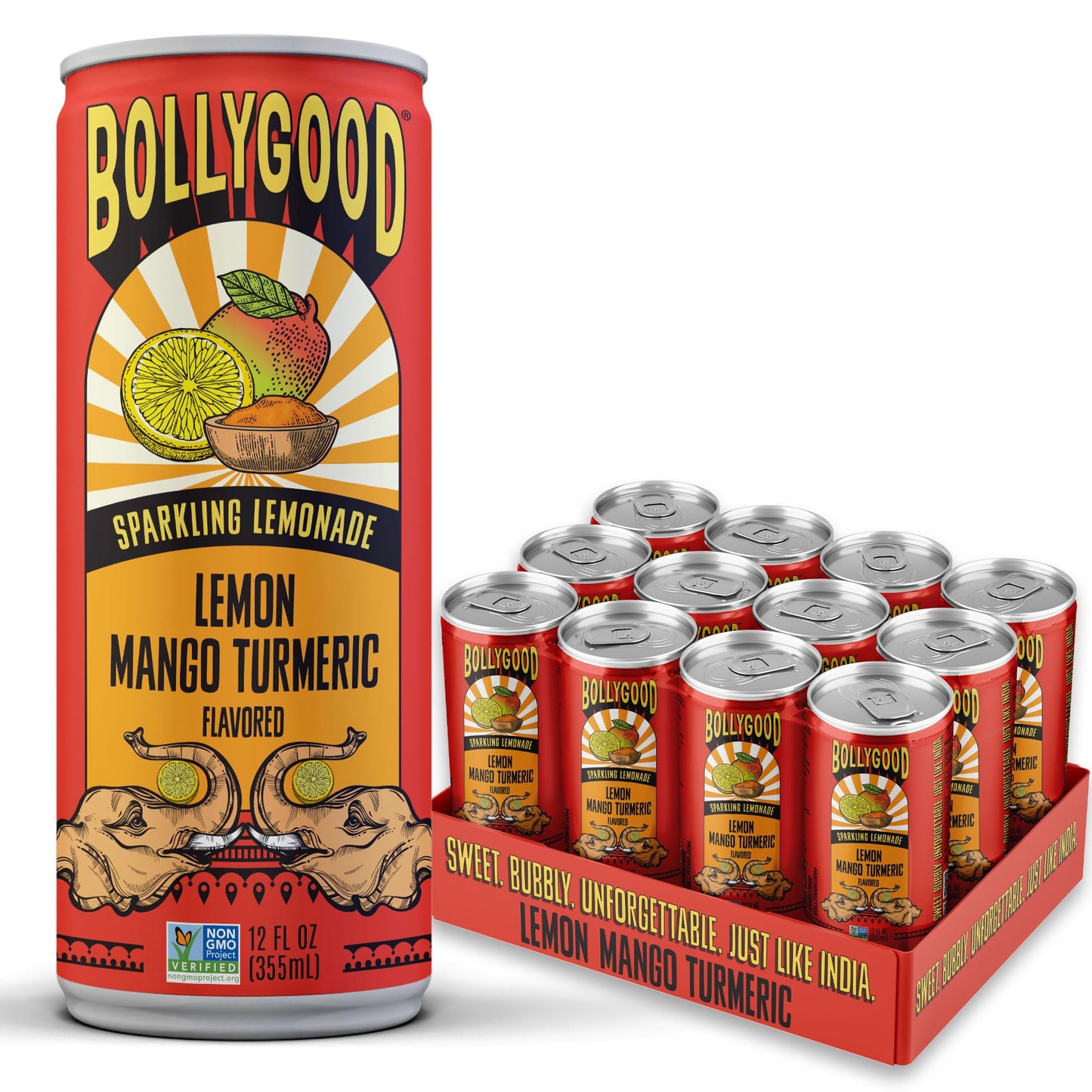Bollygood Sparkling Lemonade, Lemon Mango Turmeric, Indian Inspired Beverage Nimbu Pani, No Artifical Colors or Flavors, Non-GMO Project Verified, 12