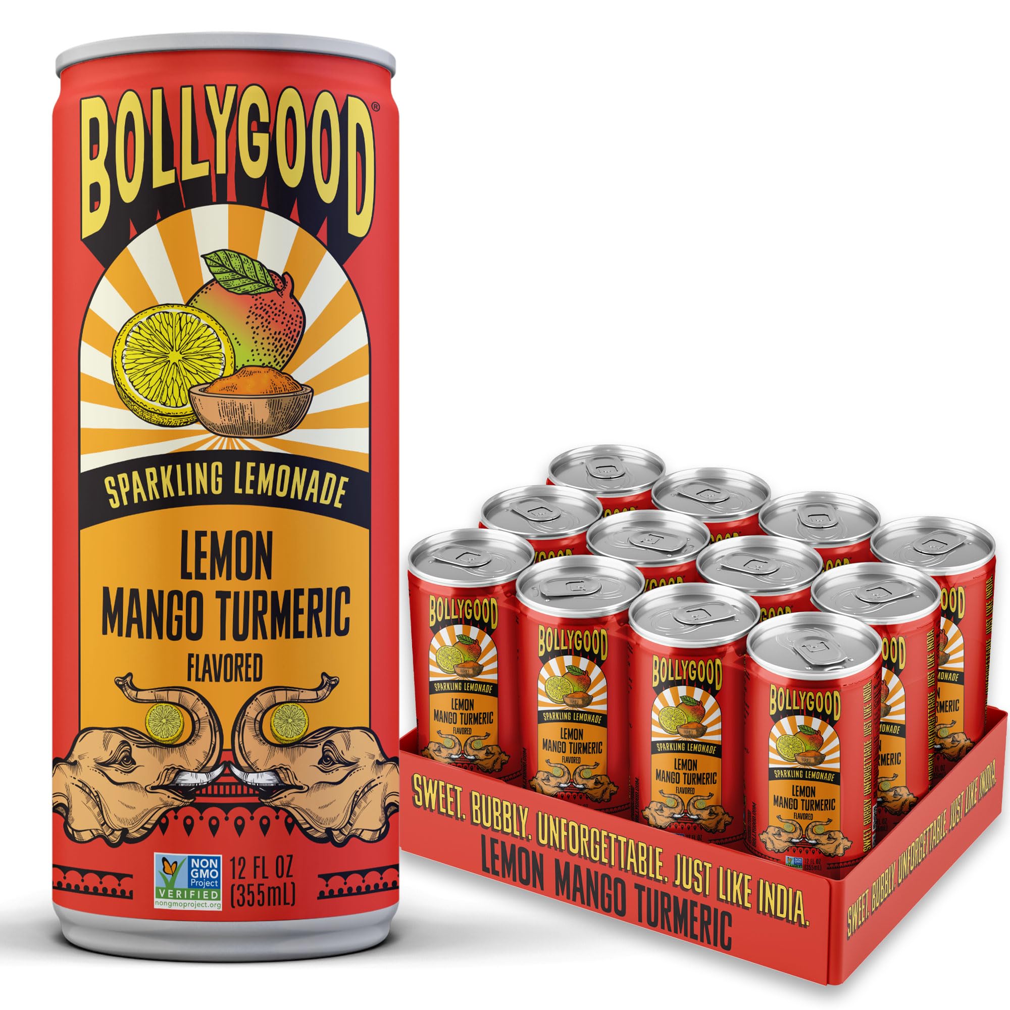 Bollygood Sparkling Lemonade, Lemon Mango Turmeric, Indian Inspired Beverage Nimbu Pani, No Artifical Colors or Flavors, Non-GMO Project Verified, 12