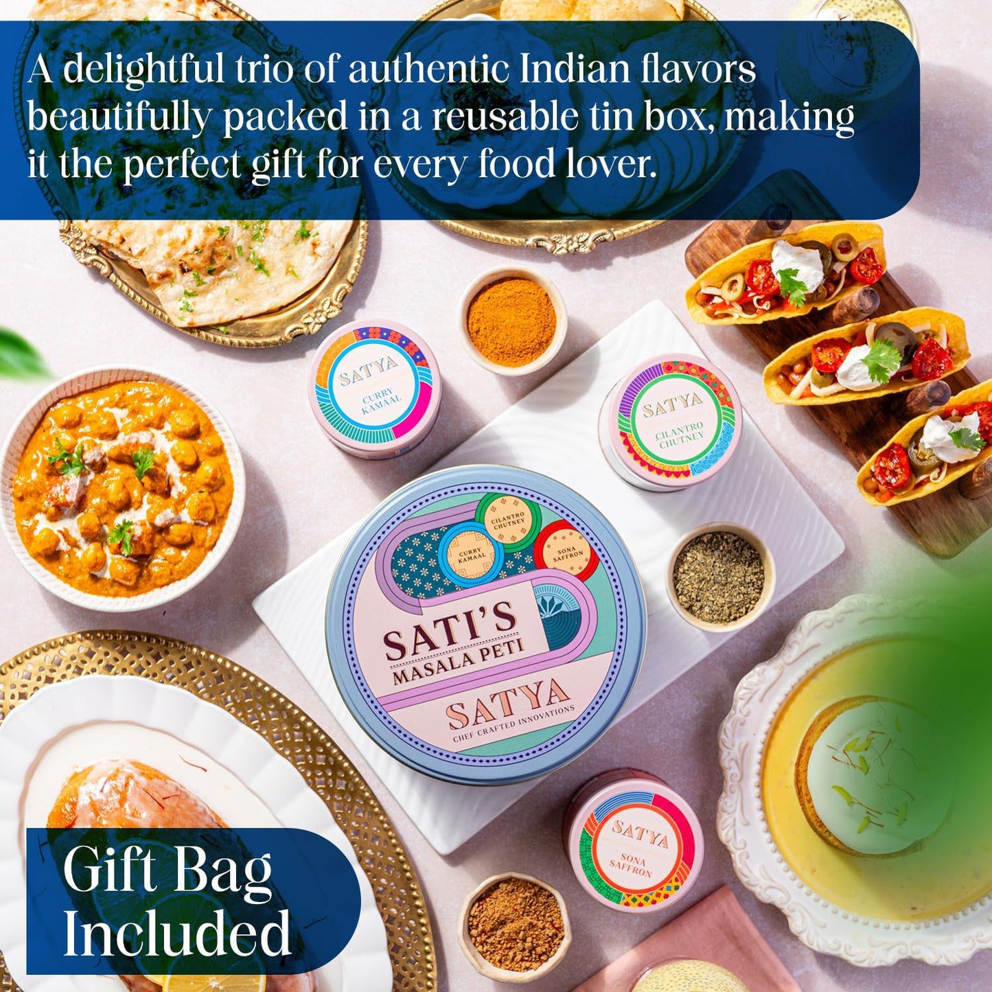 Satya Blends Indian Spice Gift Set Pack of 3 - Cilantro Chutney, Curry Kamaal & Sona Saffron Seasoning Mix Trio, Vegan, Gluten Free, Low Sodium, No