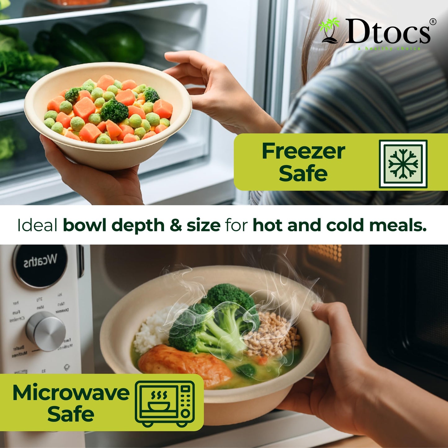 Dtocs Bamboo Fiber Disposable Bowls - 28 Oz, 70 Pk | Eco Friendly Large Bowl | Microwave Safe Bagasse Bowl for Soup, Dessert, Salad bowls | Disposable