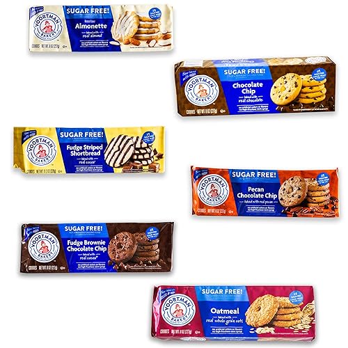 Voortman Sugar Free Cookies - Variety Pack - Chocolate Chip - Fudge Brownie - Fudge Shortbread - Pecan Chocolate Chip - Iced Almonette - Oatmeal - 6