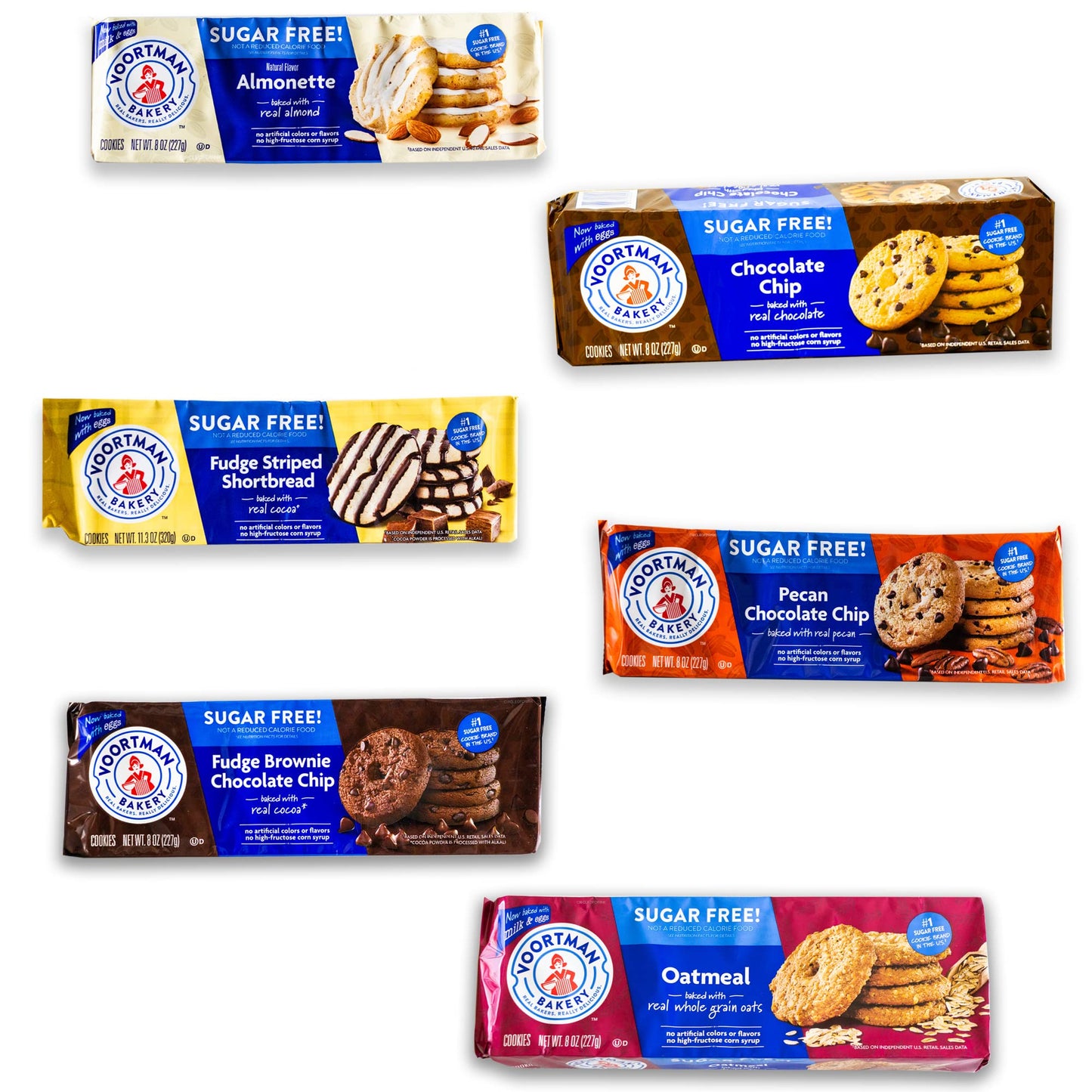 Voortman Sugar Free Cookies - Variety Pack - Chocolate Chip - Fudge Brownie - Fudge Shortbread - Pecan Chocolate Chip - Iced Almonette - Oatmeal - 6