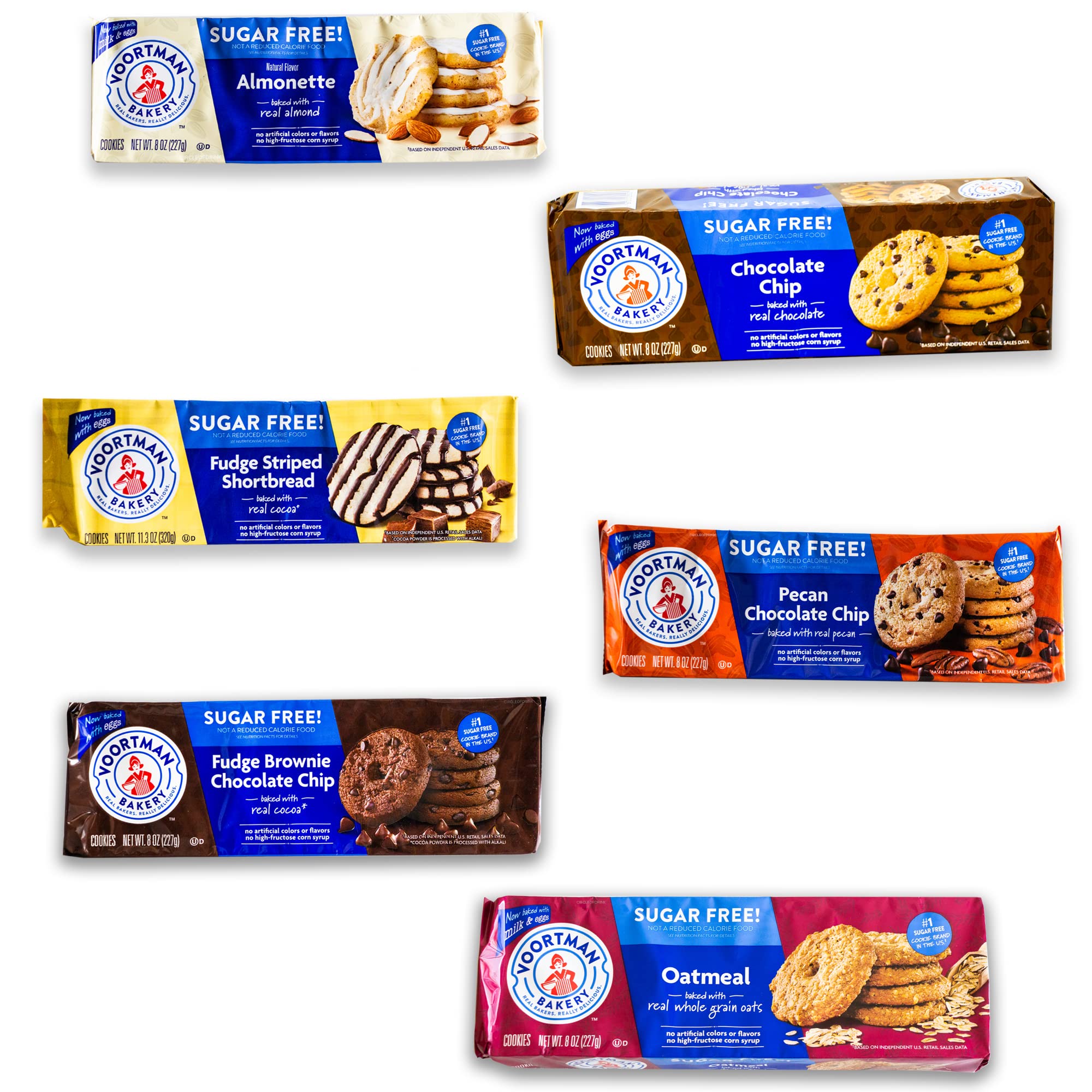 Voortman Sugar Free Cookies - Variety Pack - Chocolate Chip - Fudge Brownie - Fudge Shortbread - Pecan Chocolate Chip - Iced Almonette - Oatmeal - 6