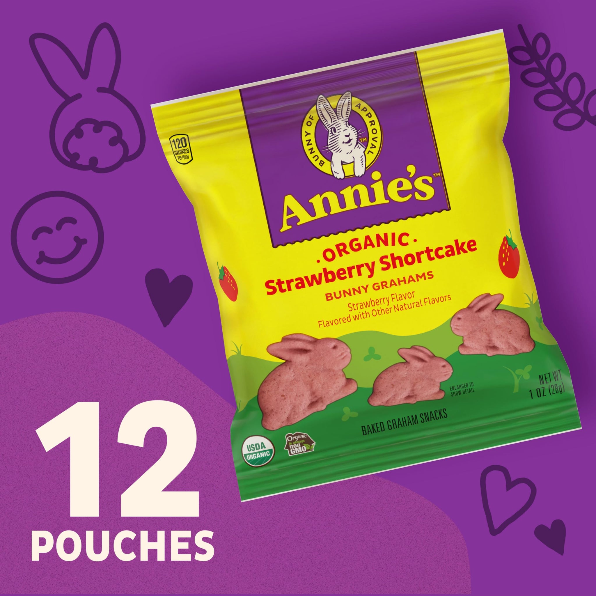 Annie's Organic Bunny Grahams, Strawberry Shortcake, Spring Edition Snacks, 12 Pouches, 12 oz