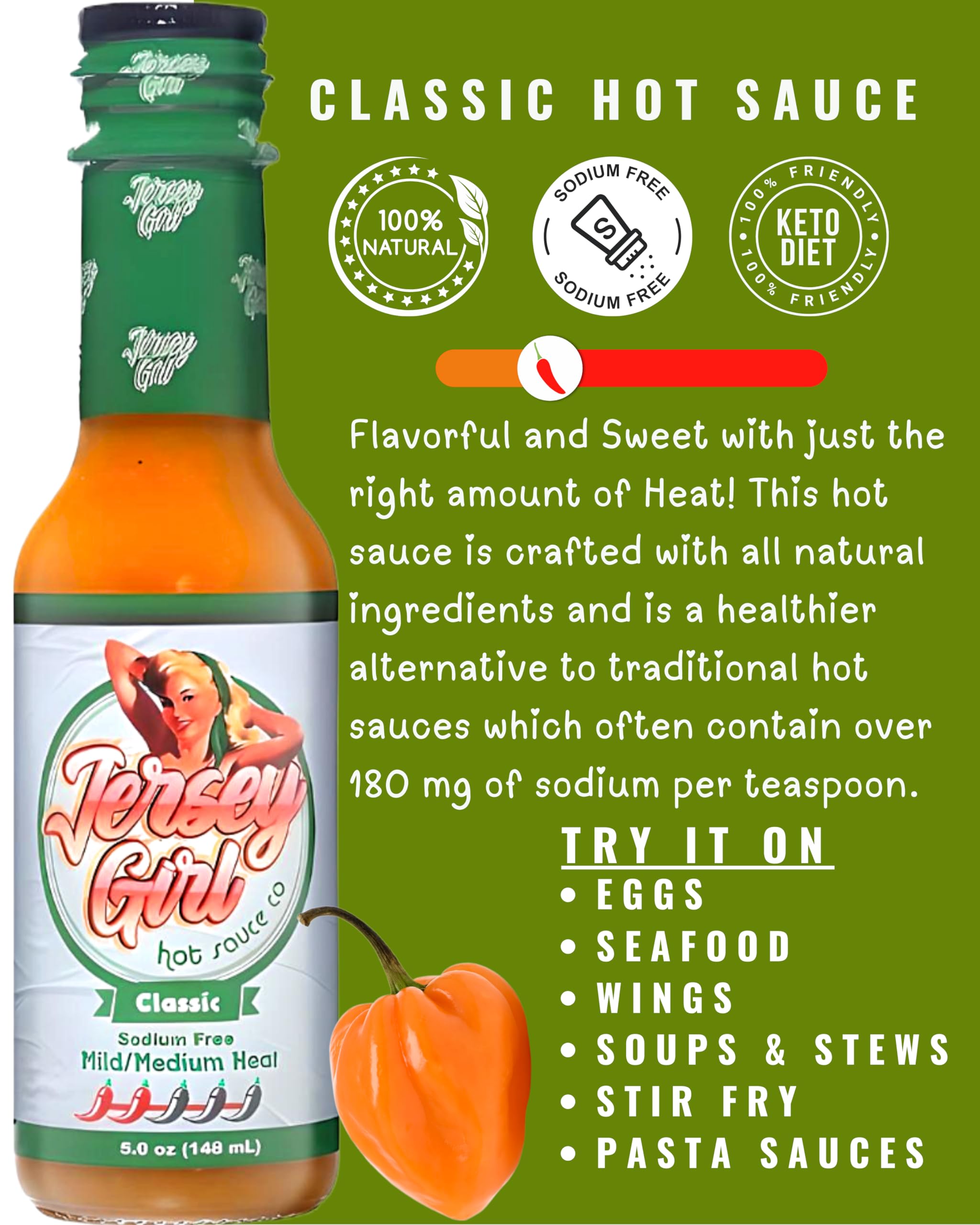 Jersey Girl All Natural Hot Sauce Variety (7) Pack - Bee Sweet/Classic/Garlic Verde/Masala/Scorchin' / Sizzlin' / Taco (No Added Salt/Naturally Sodium