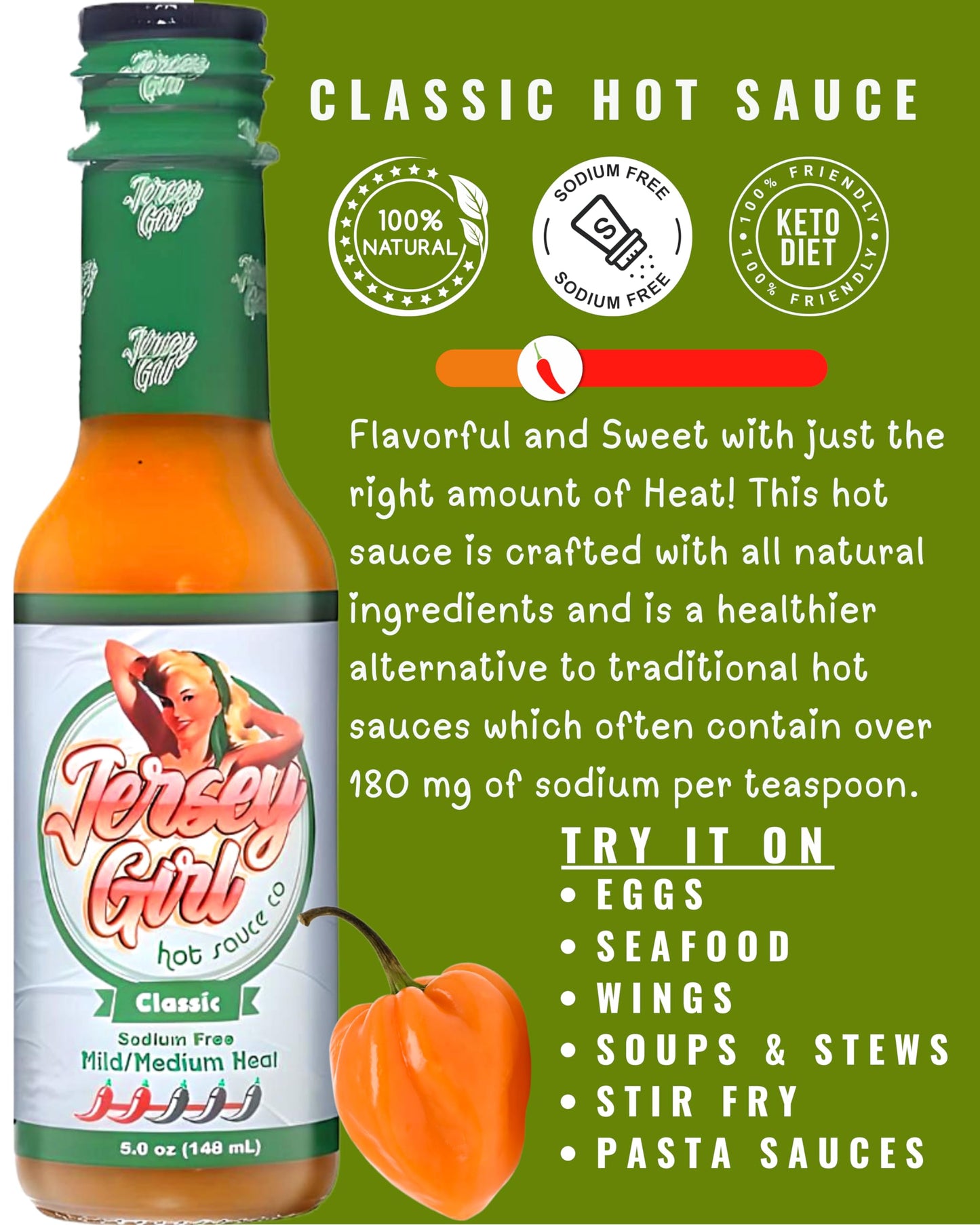 Jersey Girl Habanero Hot Sauce (No Added Salt/Naturally Sodium Free) 5oz (Classic, Pack of 2) - Clean Ingredients.