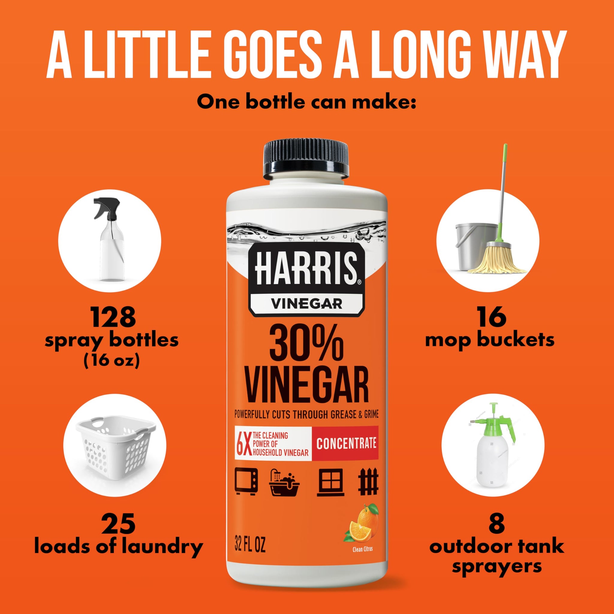 HARRIS 30% Extra Strength Concentrated Vinegar for Home Cleaning and Outdoor Use, #1 Cleaning Vinegar Brand in America, Citrus Scent, 32 Fl Oz Makes