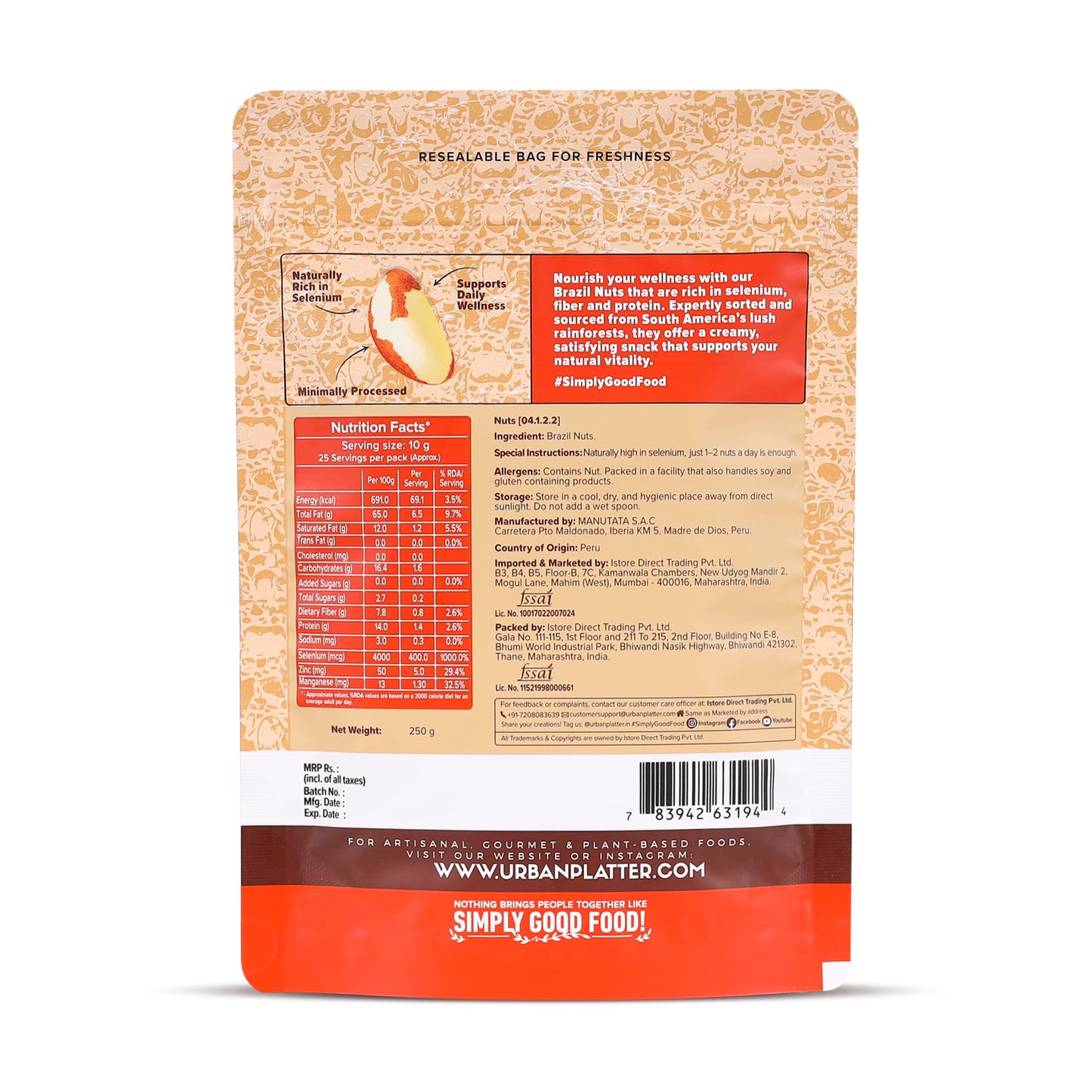 Urban Platter Shelled Brazil Nuts | Imported From Peru | Wholesome and Delicious | 250g (8.81 Ounce)