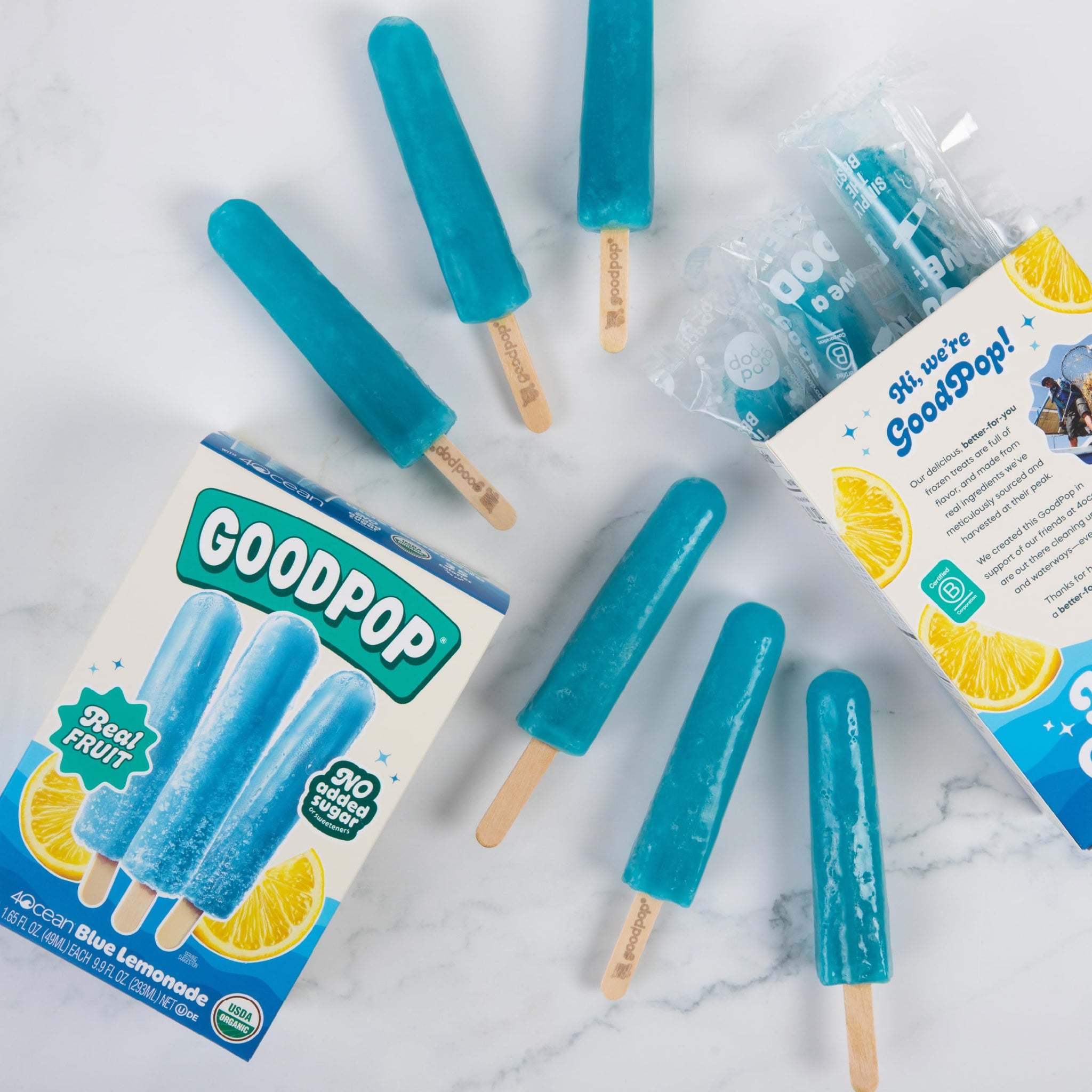 GOODPOP - 4ocean Organic Blue Lemonade Ice Pops - Fruit Juice, No Artifical Dyes or Flavors, No Added Sugar, 6 Count