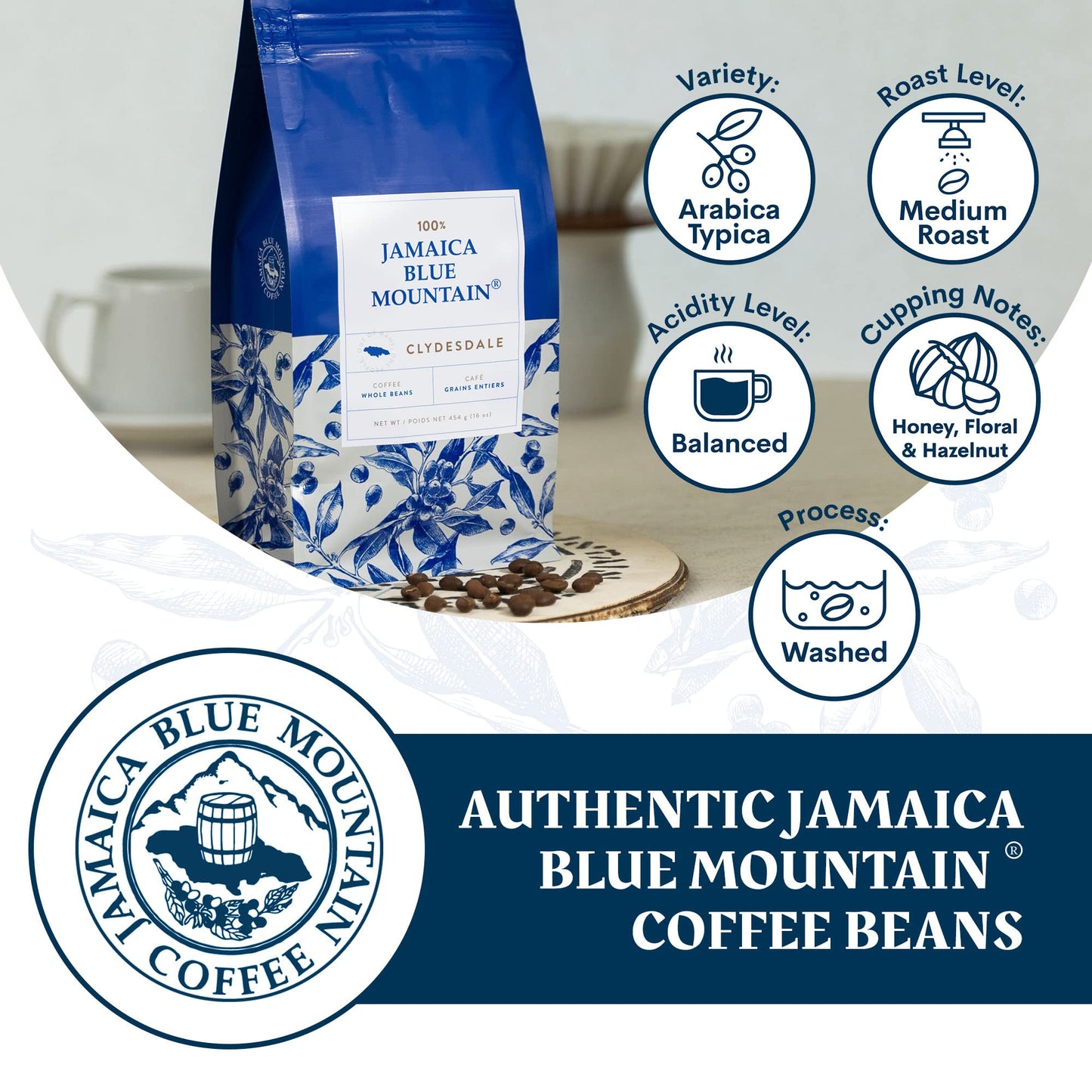 JA Coffee - 100% Jamaica Blue Mountain Coffee, Medium Roast, Whole Beans - Premium Arabica, Bag of 454 grams (1 Pound - 16 ounces)