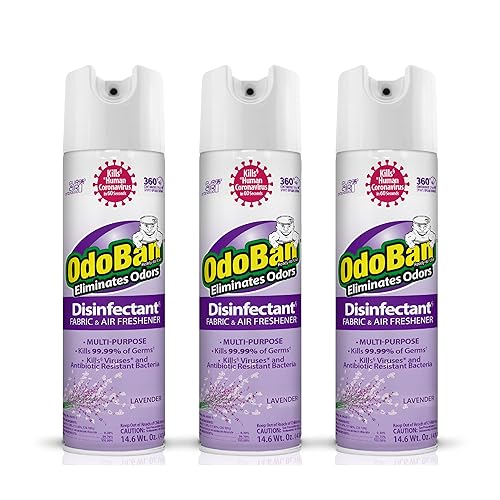 OdoBan Ready-to-Use 360-Degree Continuous Spray Disinfectant and Harsh Aroma Eliminator, Fabric and Air Freshener, 3 Pack, 14.6 Ounces Each, Lavender