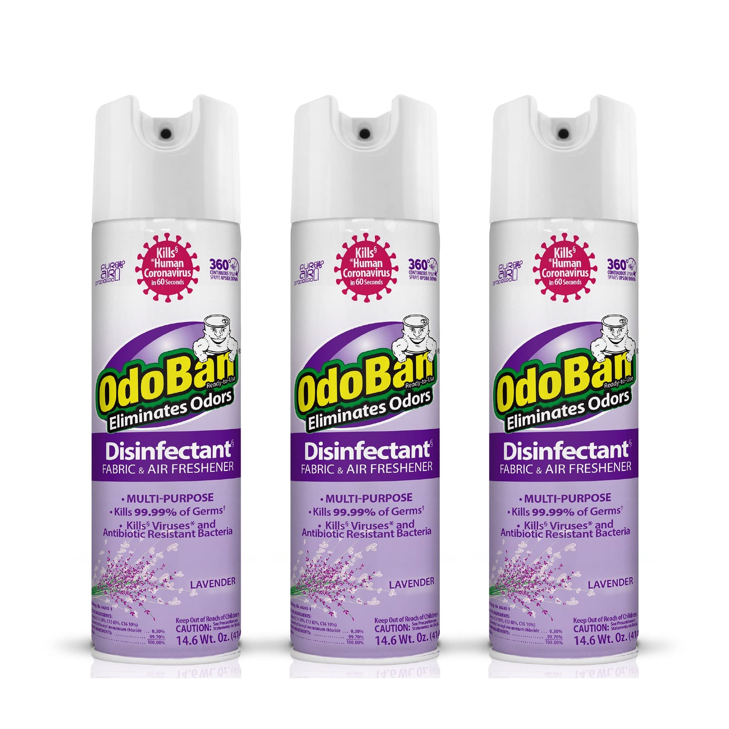OdoBan Ready-to-Use 360-Degree Continuous Spray Disinfectant and Harsh Aroma Eliminator, Fabric and Air Freshener, 3 Pack, 14.6 Ounces Each, Lavender