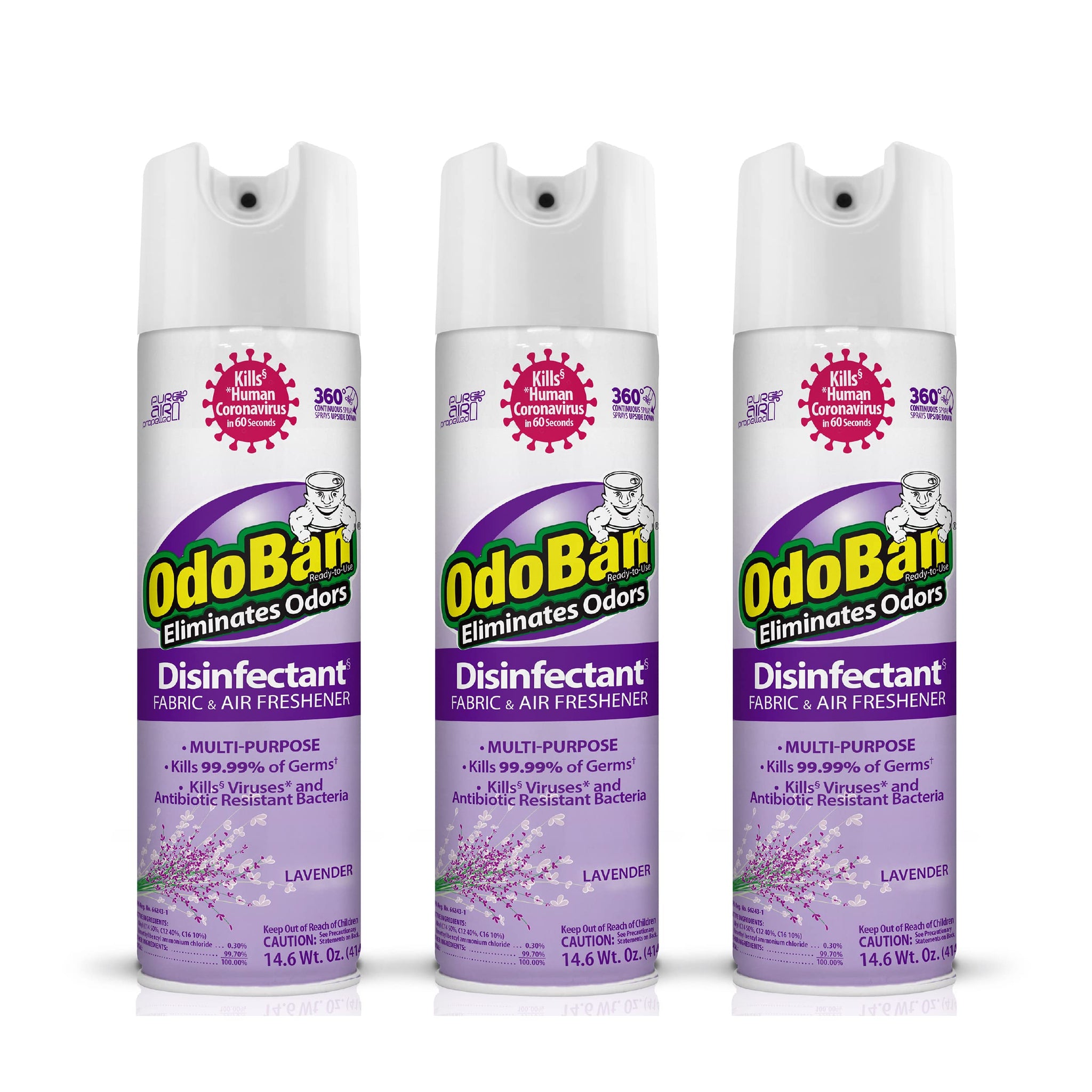 OdoBan Ready-to-Use 360-Degree Continuous Spray Disinfectant and Harsh Aroma Eliminator, Fabric and Air Freshener, 3 Pack, 14.6 Ounces Each, Lavender