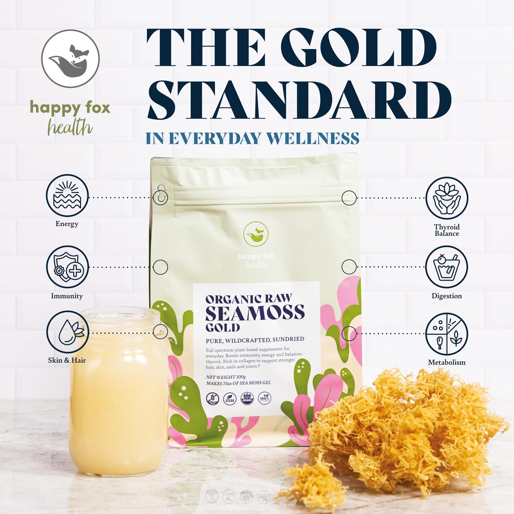 HAPPY FOX Organic Sea Moss Raw Gold Makes 170oz of Seamoss Gel Rich in Vitamins & Minerals, Certified Non-GMO, Wildcrafted, Sundried Superfood - 8oz