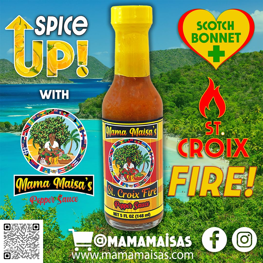 Mama Maisa’s St. Croix Fire Scotch Bonnet Pepper Sauce, 15 fl oz - Authentic Caribbean Hot Sauce with Curry, Mustard & Garlic - Gourmet Island Pepper