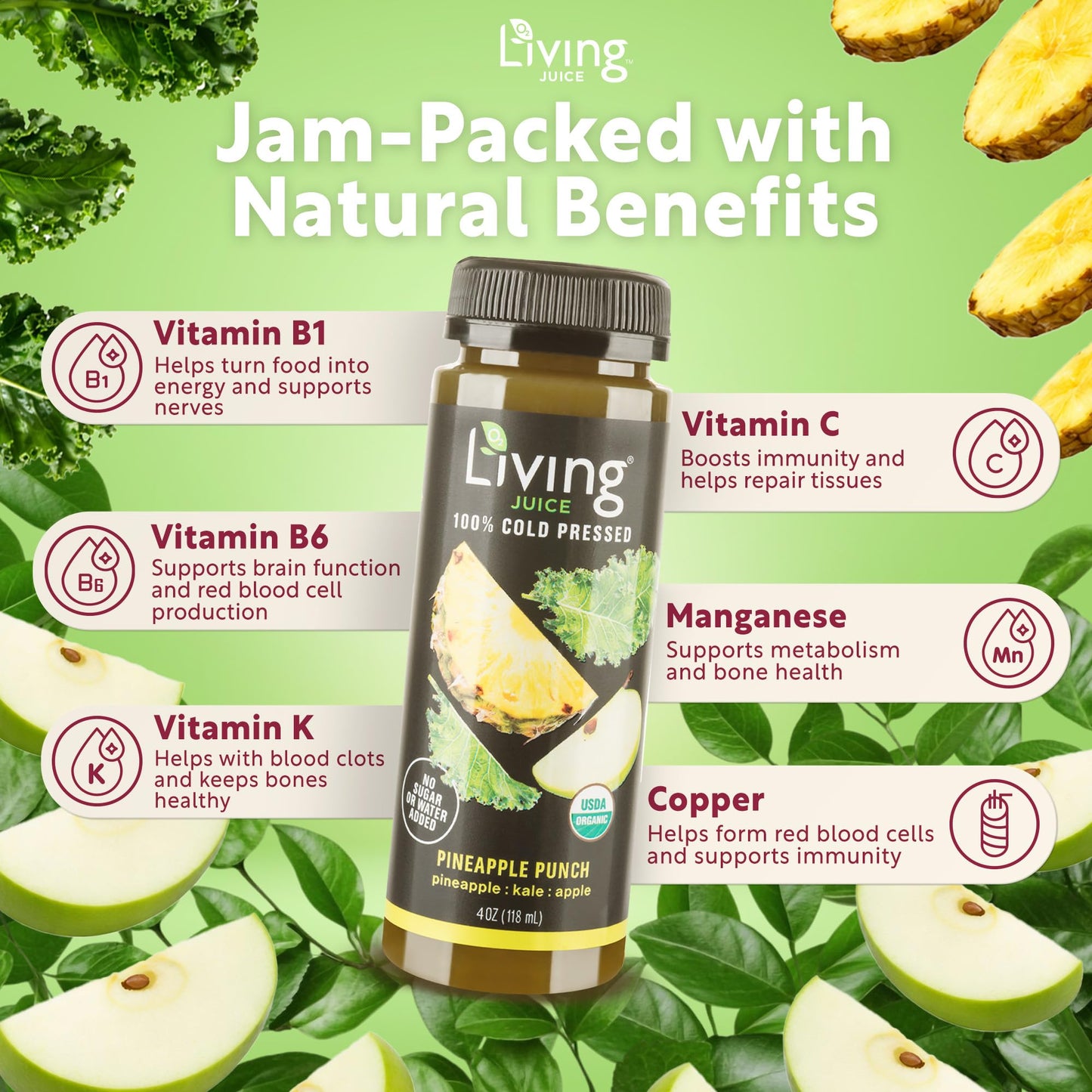 O2 Living Juice Cold Pressed Drink - Pineapple Punch Organic Juice Pack - No Added Sugars or Water, Naturally Sweetened from Fruits, Rich in Nutrients