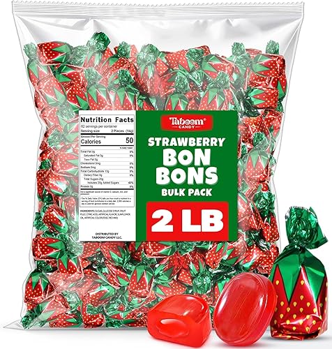 Strawberry Filled Hard Candy Bon Bons 2 lbs Bulk Pack - Individually Wrapped Christmas Fruit-Filled Candy, Classic Strawberry Hard Candy for Holiday