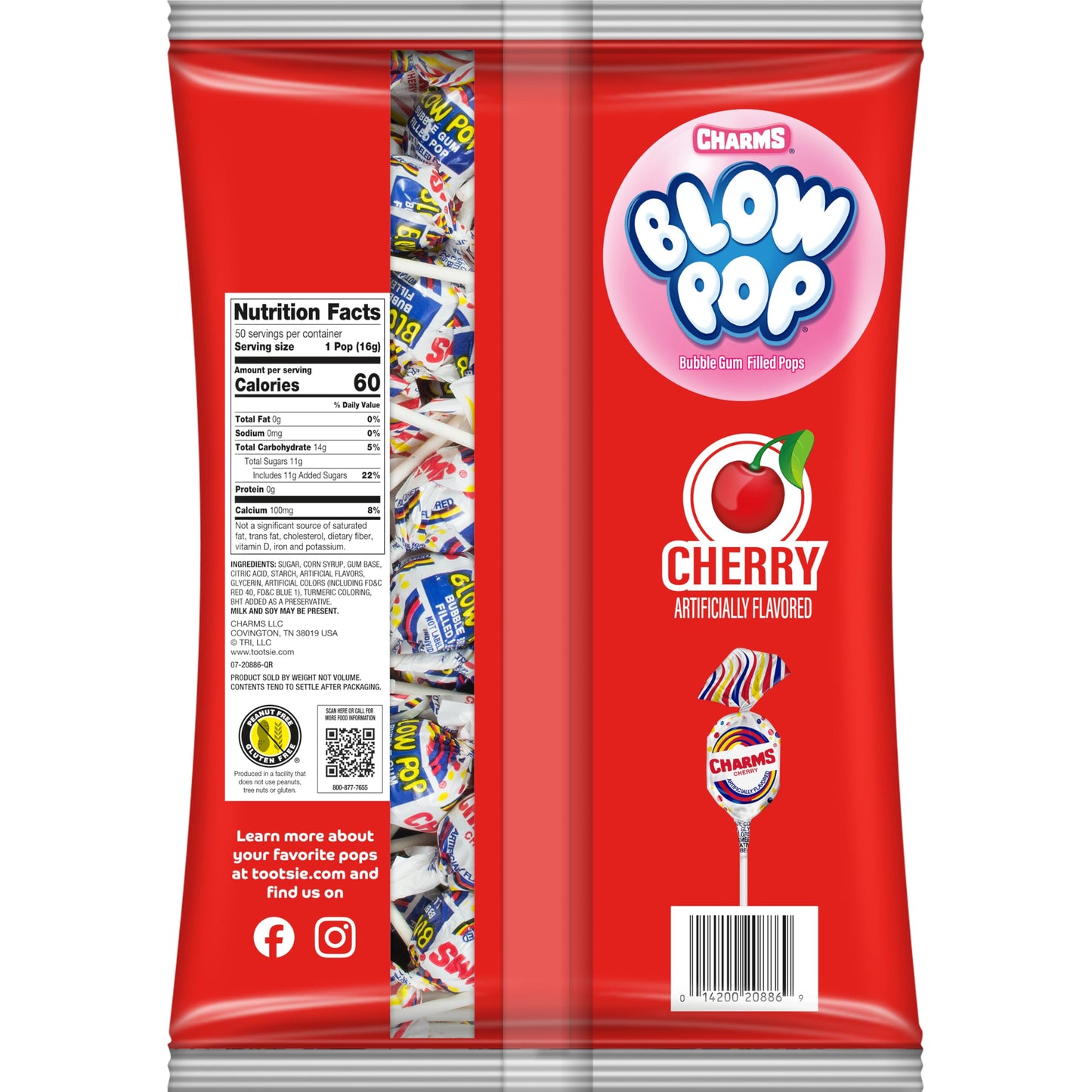 Charms Blow Pop Single Flavor Bag - Cherry Flavored Lollipops with a Bubble Gum Center - Individually Wrapped Hard Candy - Red Candy - Peanut Free