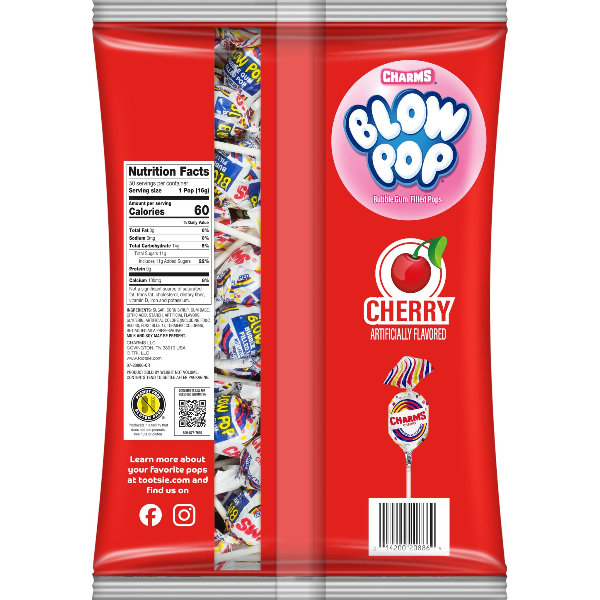 Charms Blow Pop Single Flavor Bag - Cherry Flavored Lollipops with a Bubble Gum Center - Individually Wrapped Hard Candy - Red Candy - Peanut Free
