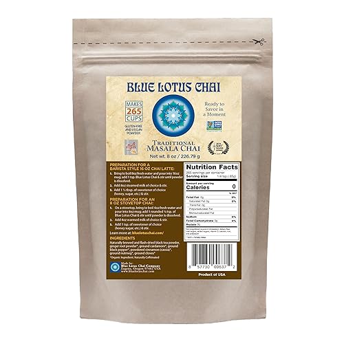 Blue Lotus Chai - Traditional Masala Chai - Makes 265 Cups - Just Add Hot Water, No Steeping, No Gluten - 8 Ounce Masala Spiced Chai Powder