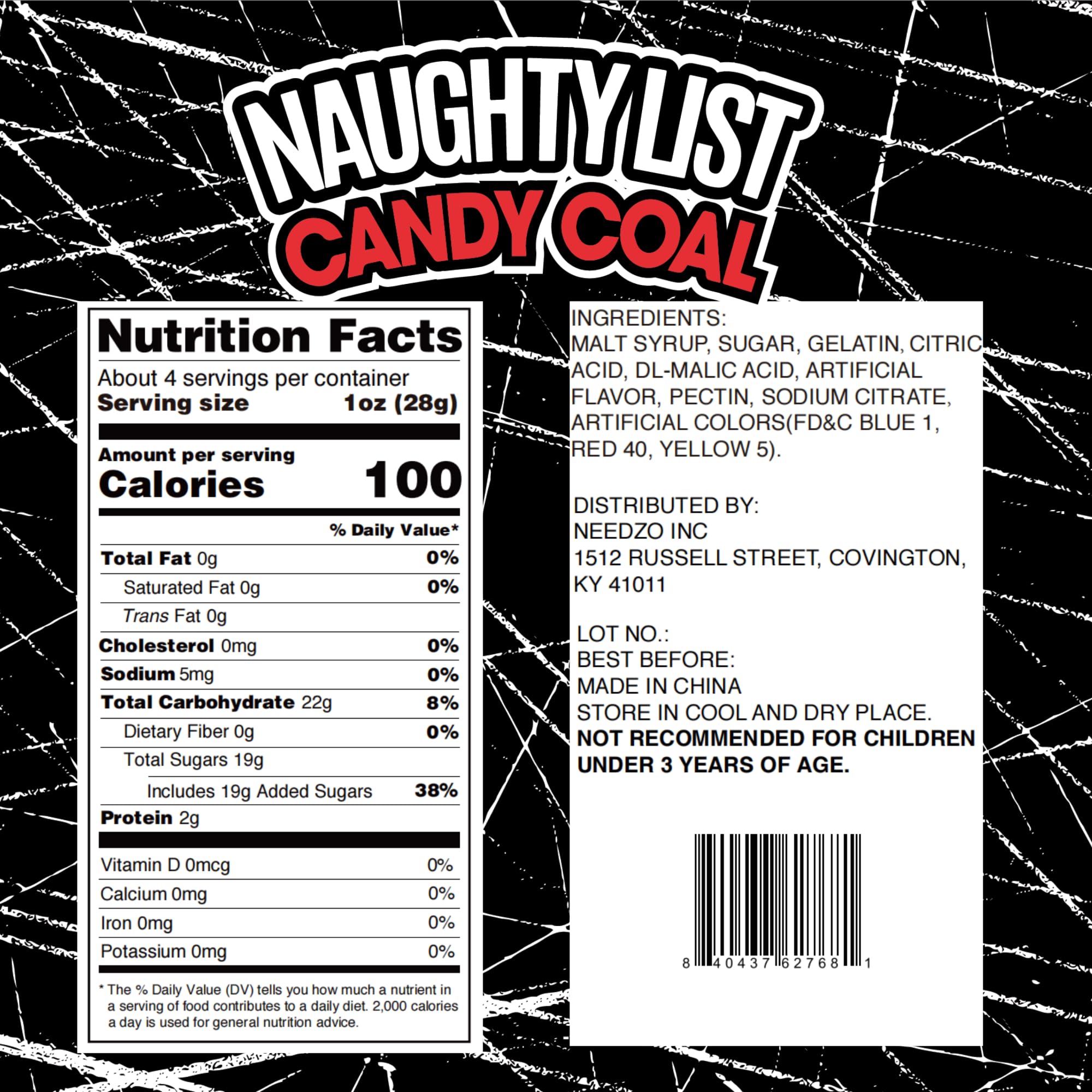 Naughty List Coal Candy, Funny Gag Gift Gummies, Sour Strawberry Flavored, Christmas Stocking Stuffer Treats, 4 Ounces (Pack of 3)